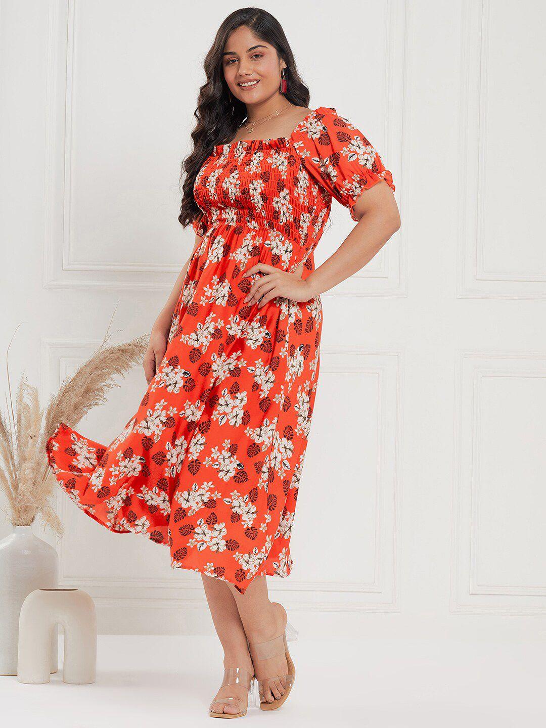 curve by kassually plus size orange & black floral printed smocked empire midi dress