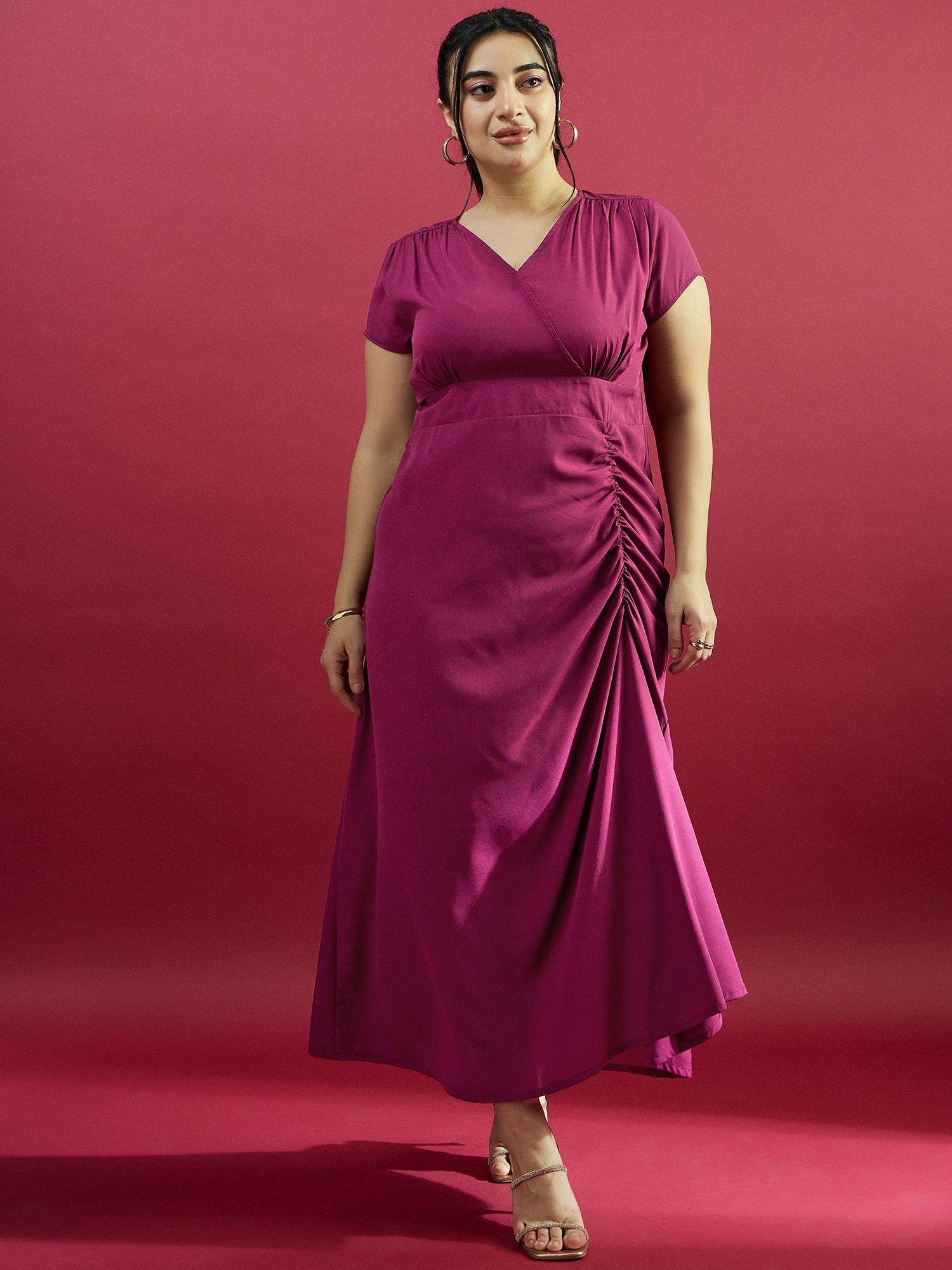 curve by kassually purple v neck solid ruched dress