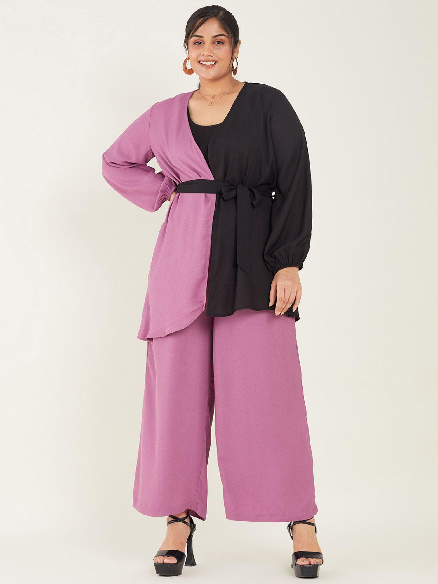 curve by kassually purple wrap v-neck colour block loose top with pant & belt