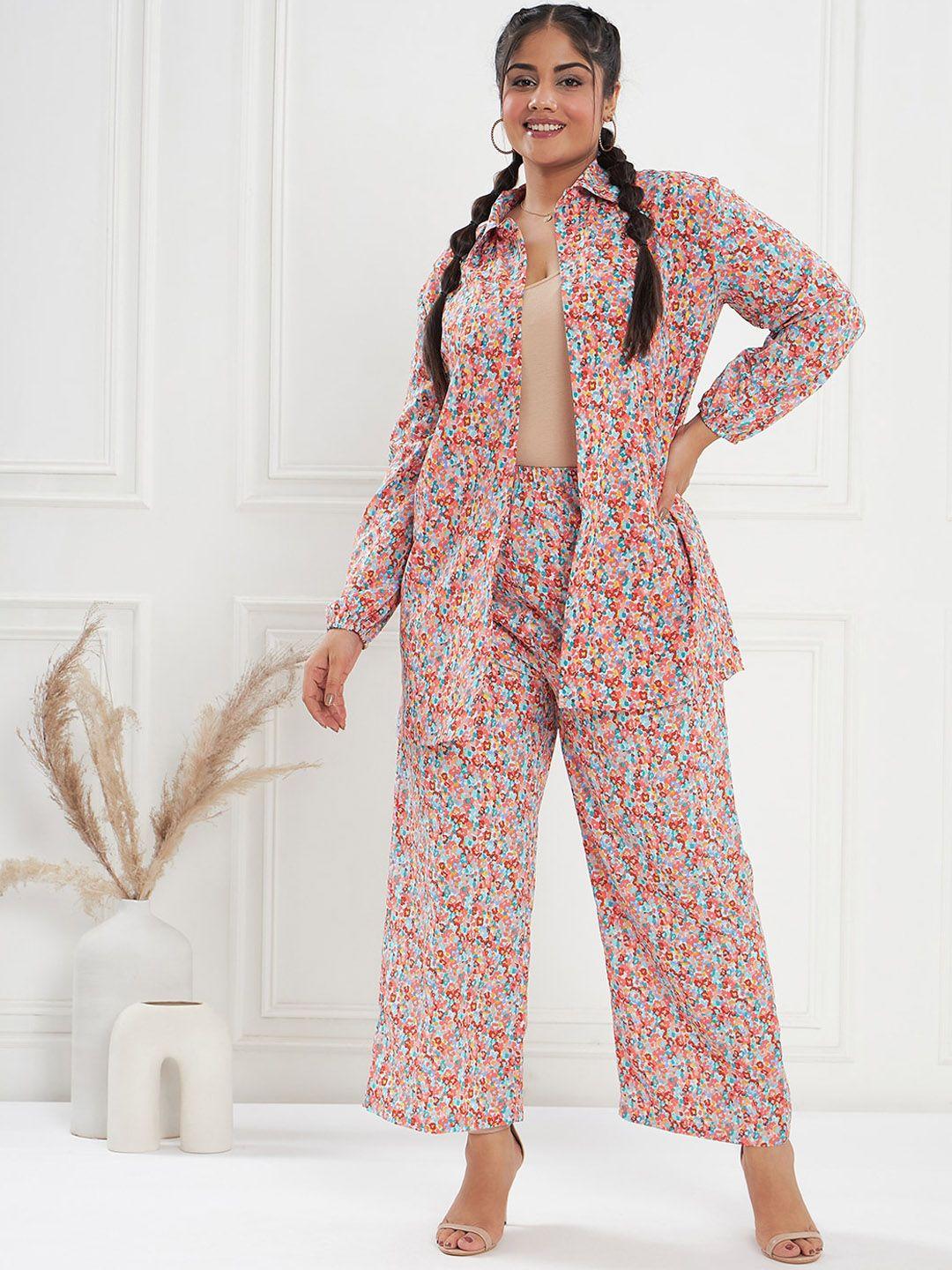 curve by kassually red & blue plus size printed shirt and trousers co-ords