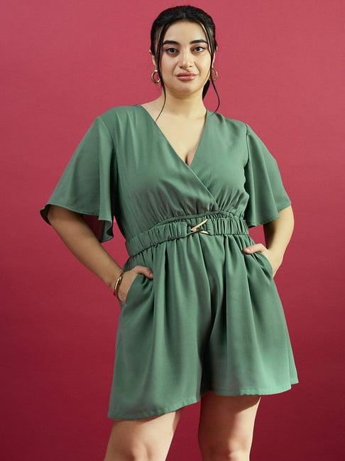 curve by kassually sage green regular fit mini playsuit with belt