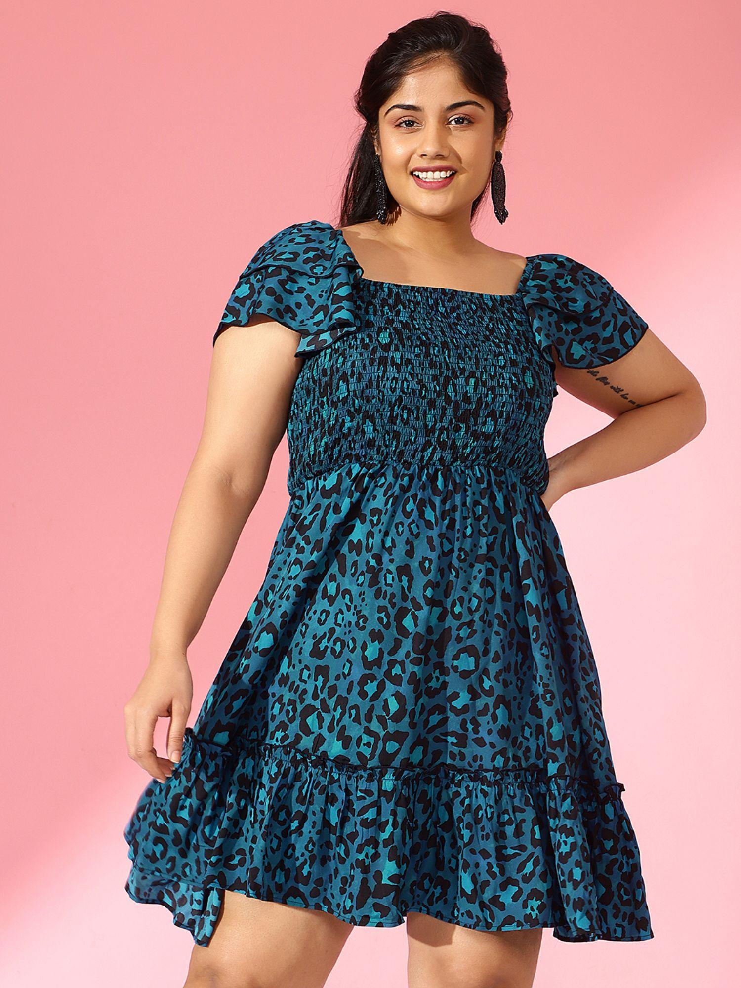 curve by kassually teal animal print square neck tie mini dress