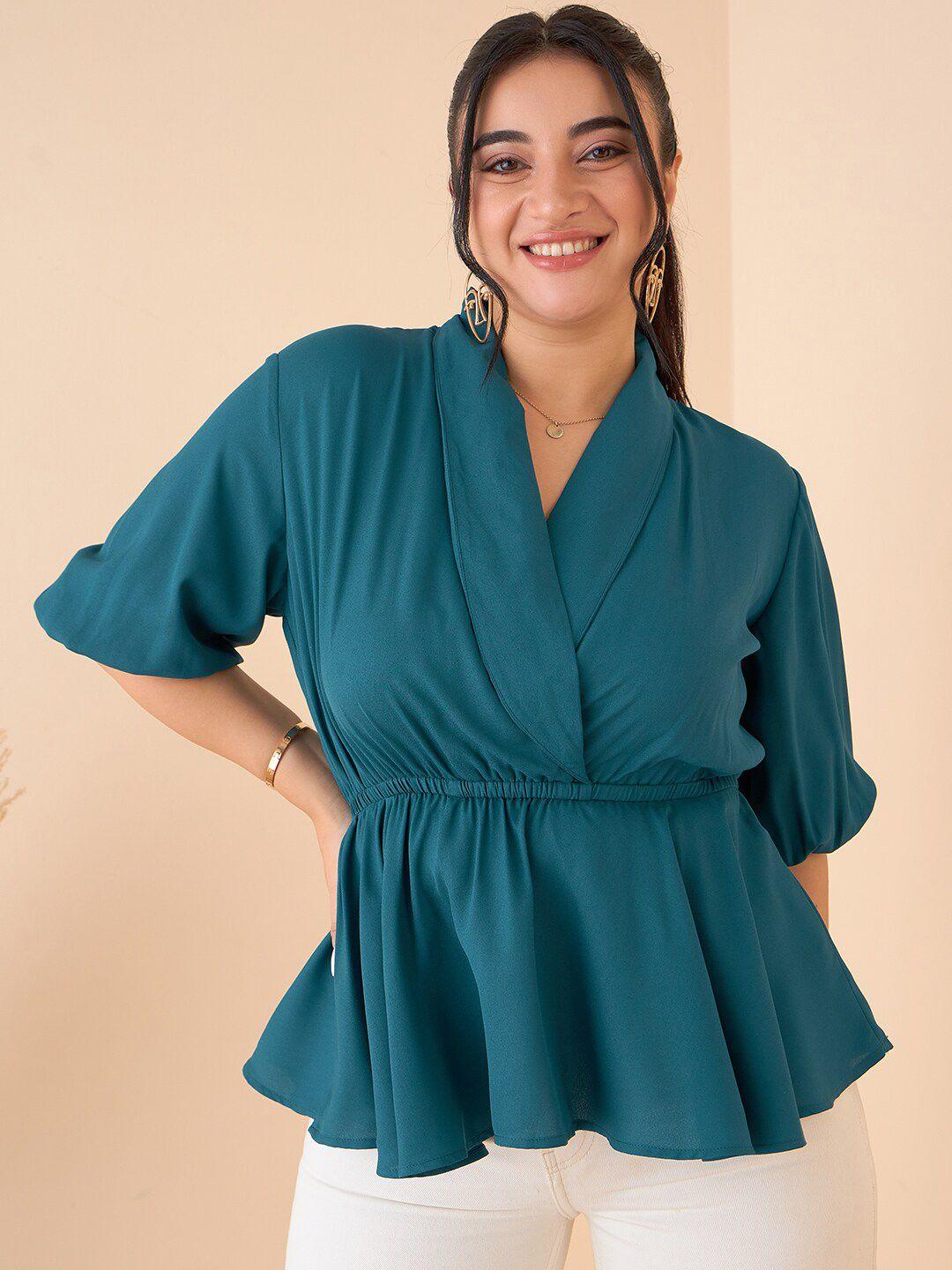curve by kassually teal green v-neck puff sleeves wrap top