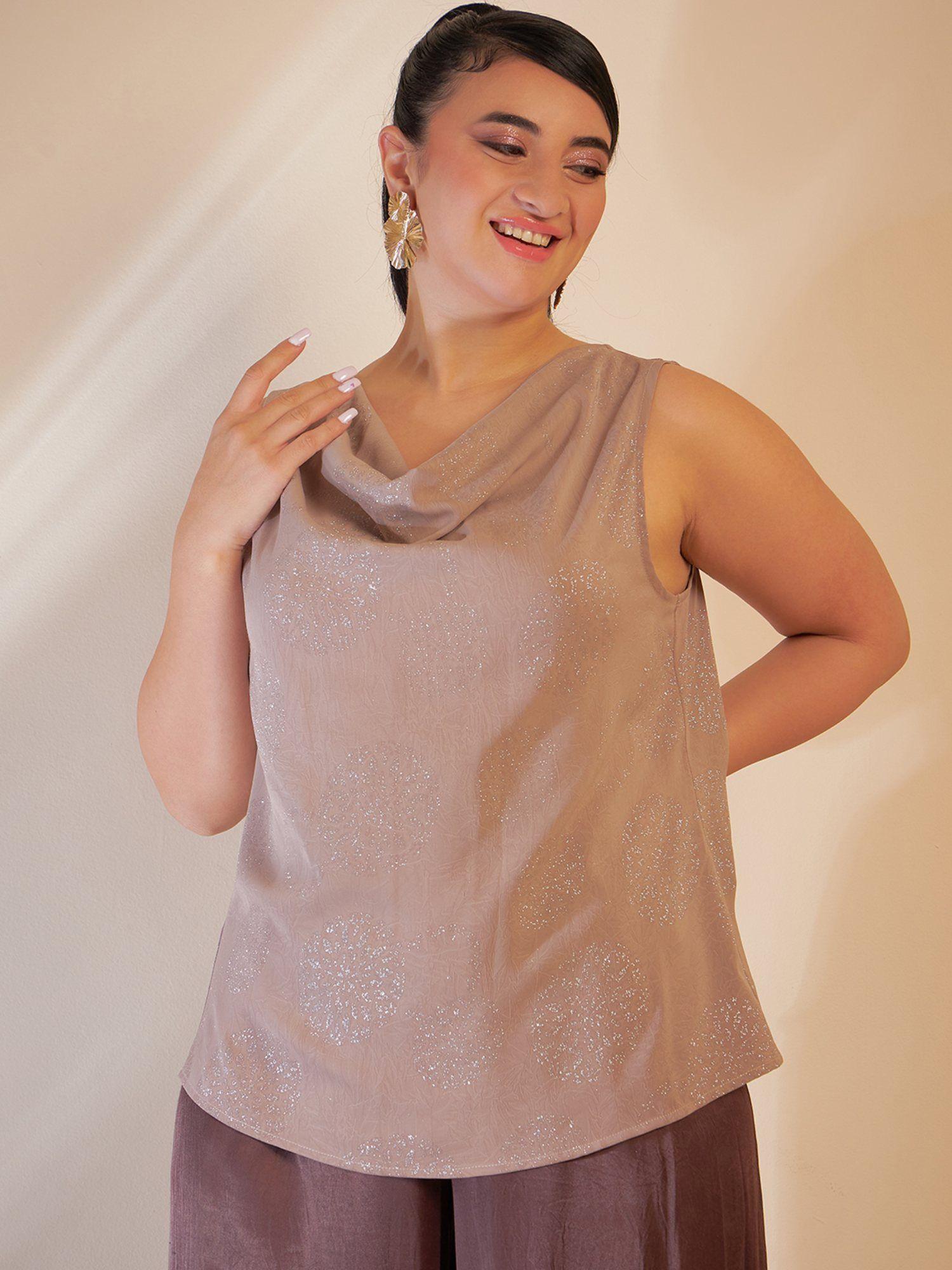 curve by kassually women beige cowl neck glitter top