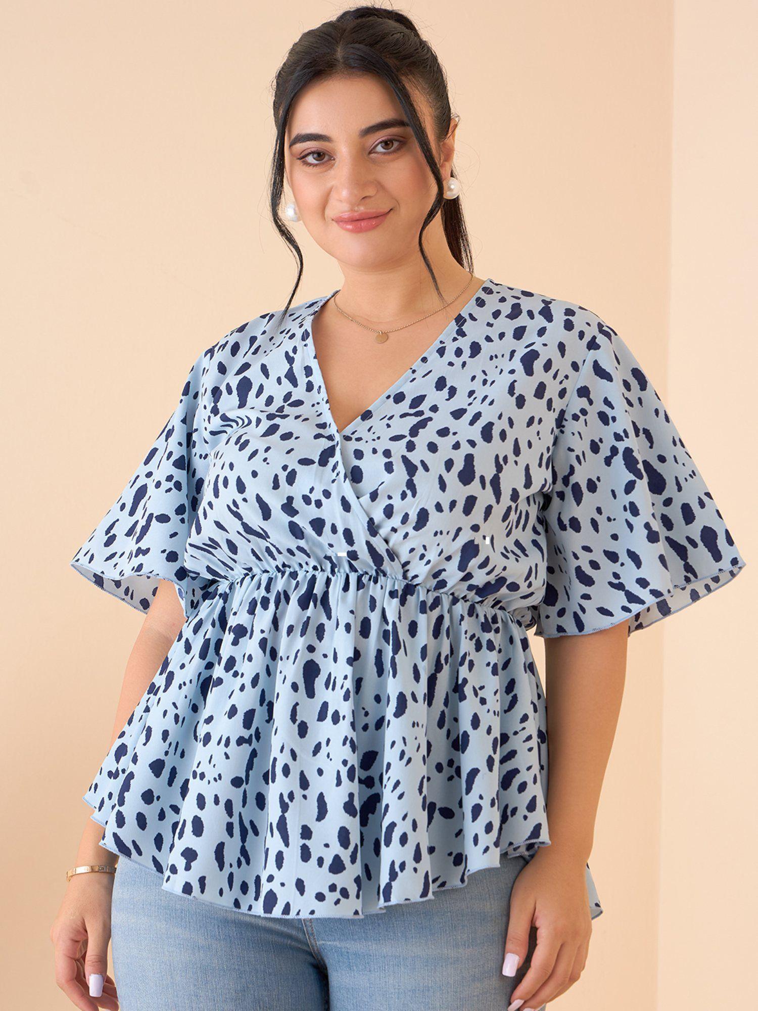 curve by kassually women blue printed v neck peplum top