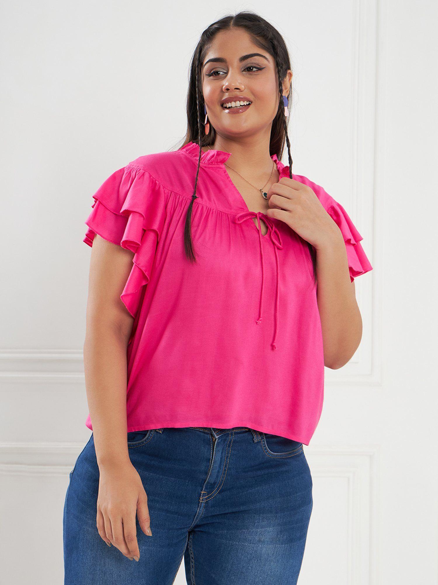 curve by kassually women pink ruffled sleeve neck tie-up top