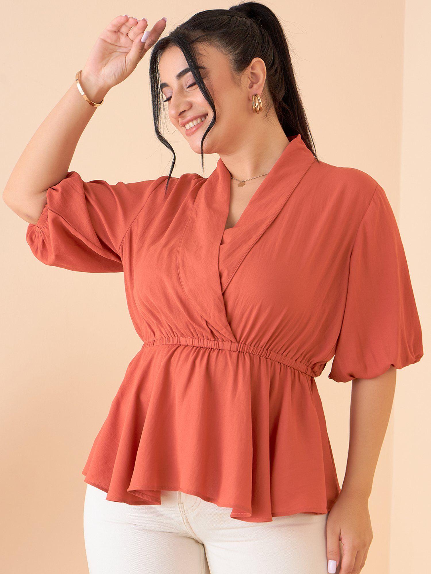 curve by kassually women rust shawl collar front wrap peplum top