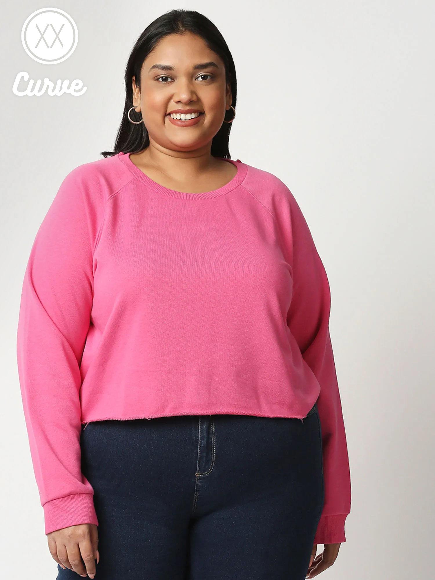 curve candy pink solid crew neck basics sweatshirt