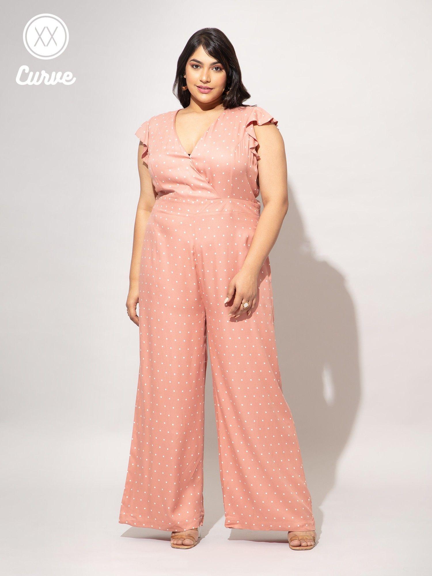 curve coral polka dot v neck jumpsuit