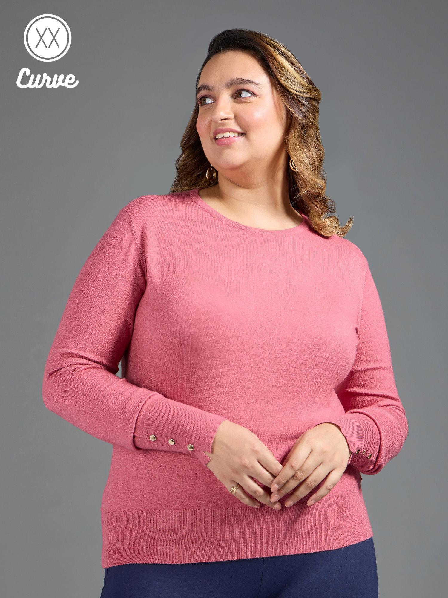 curve coral solid buttoned cuffs sweater top