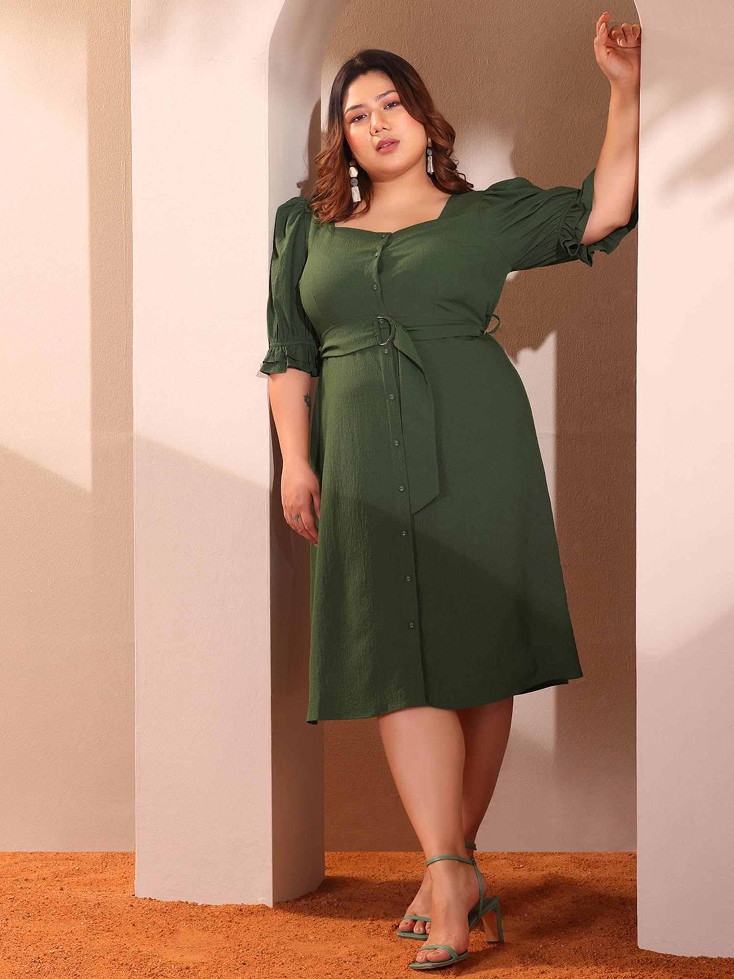 curve dark green half sleeve midi dress with belt (set of 2)