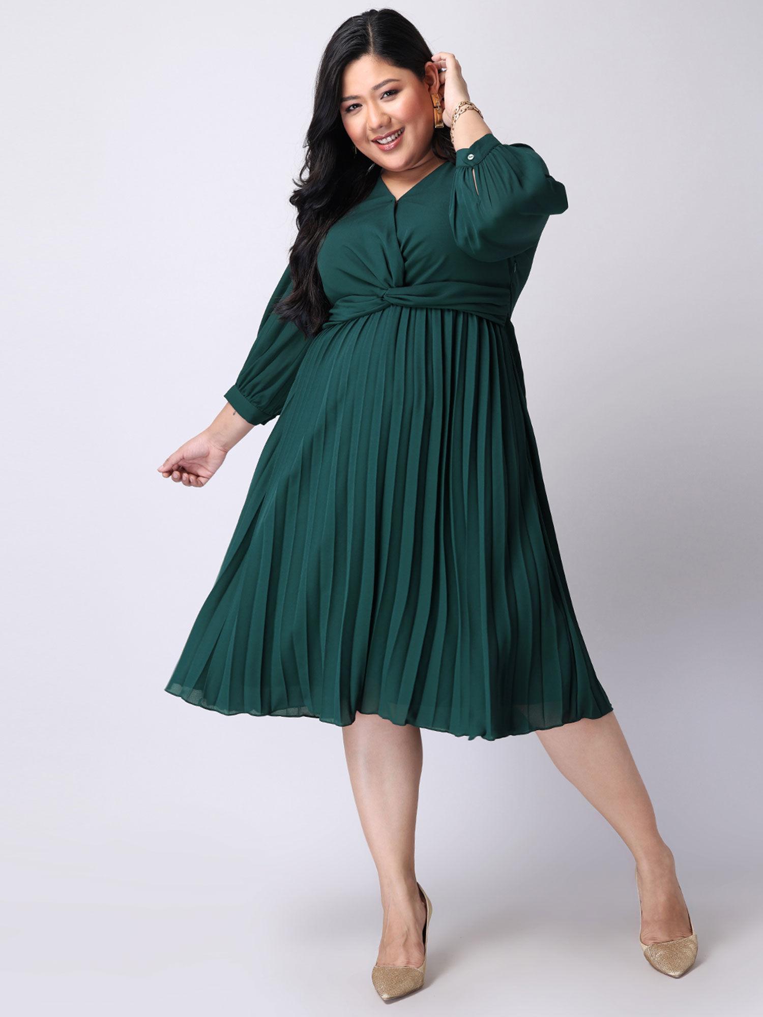 curve dark green pleated front knot dress