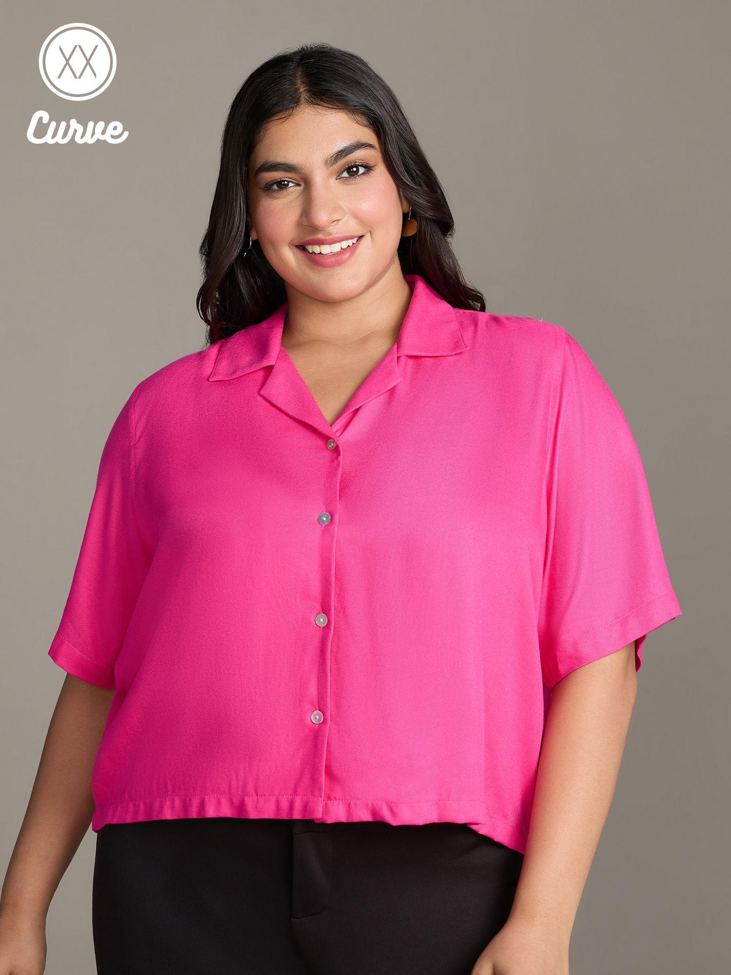 curve fuchsia pink solid resort collar crop shirt