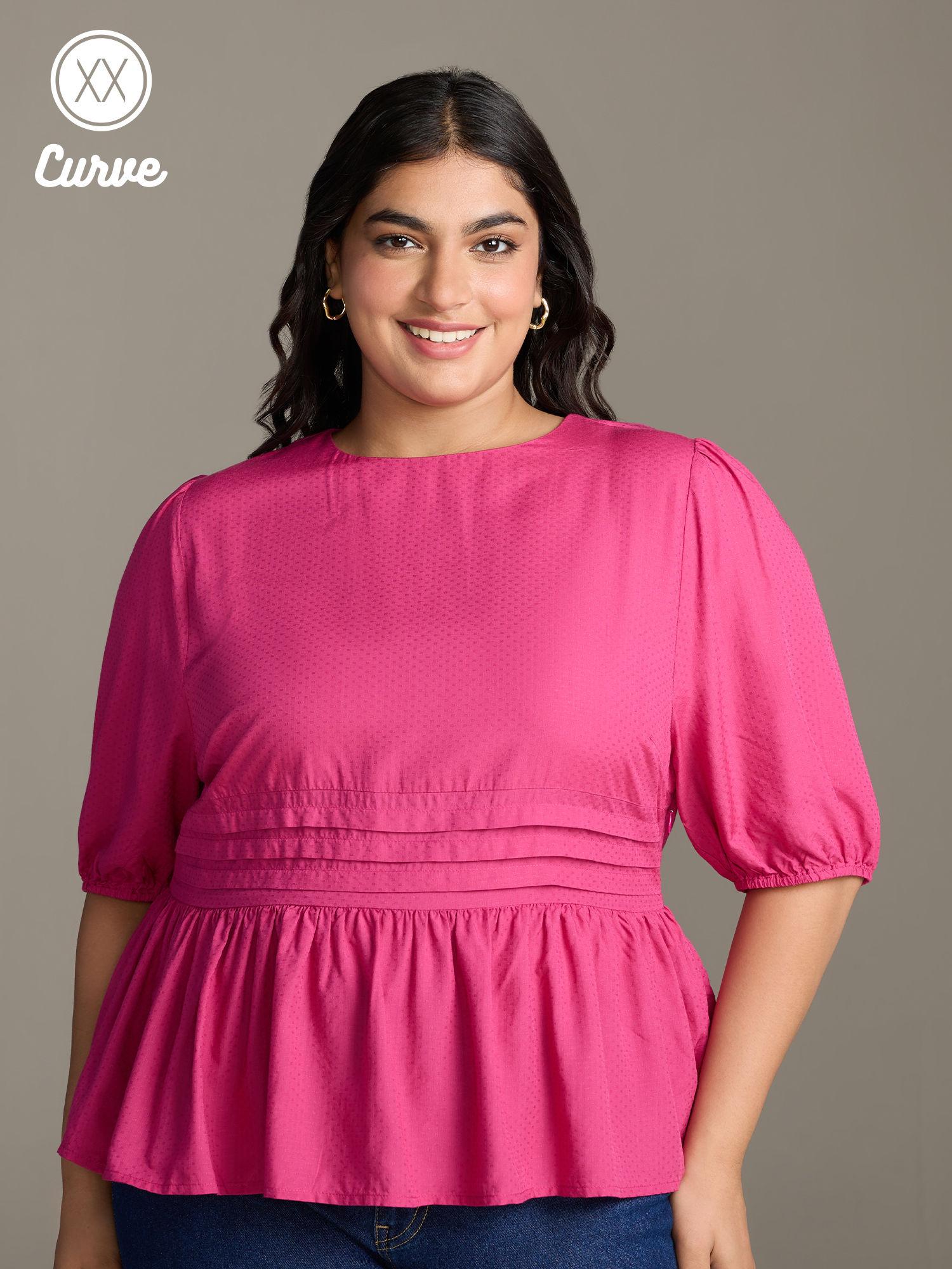 curve fuchsia pink solid round neck elbow sleeves peplum top