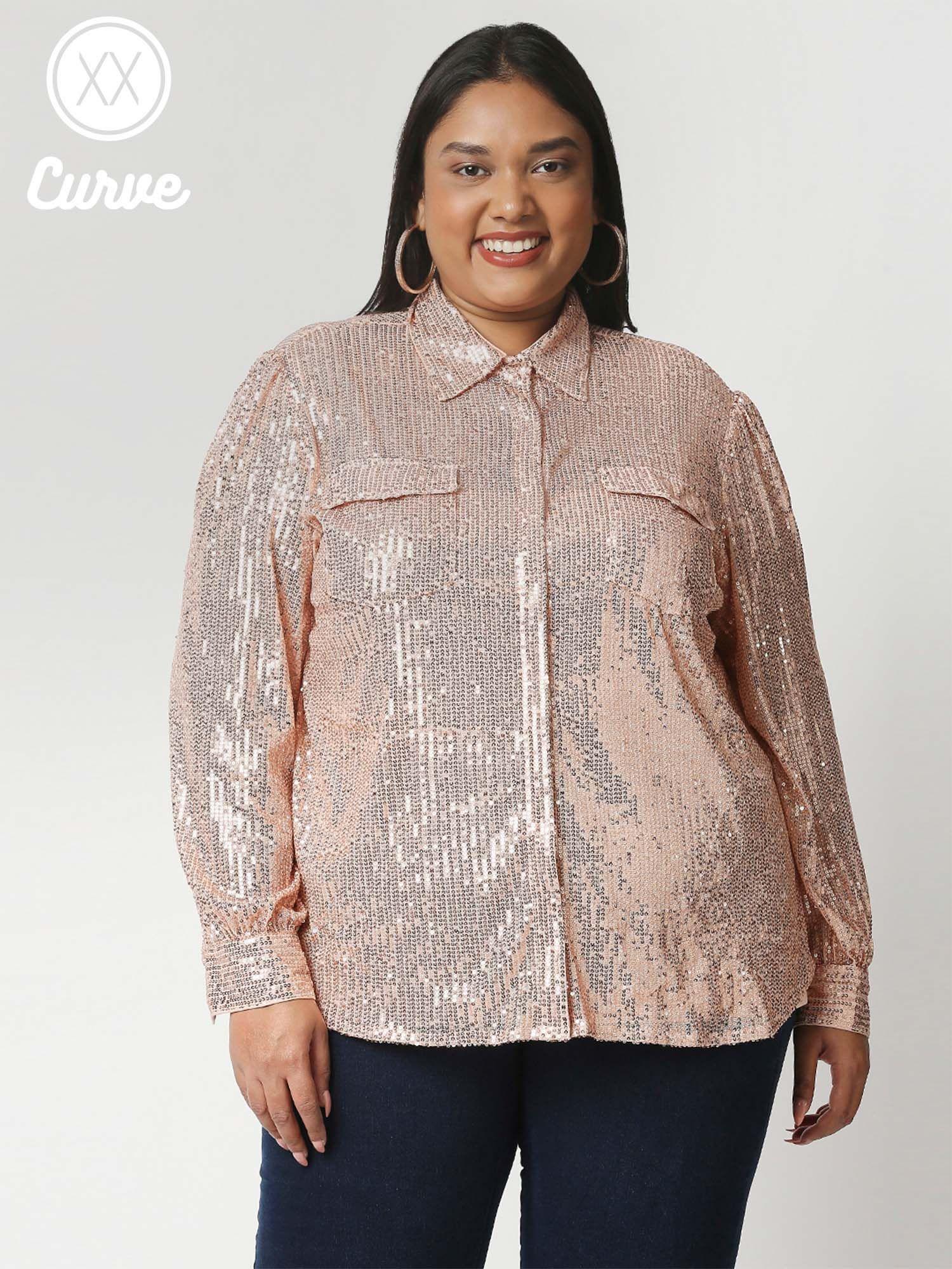 curve gold sequin embellished collar neck shirt