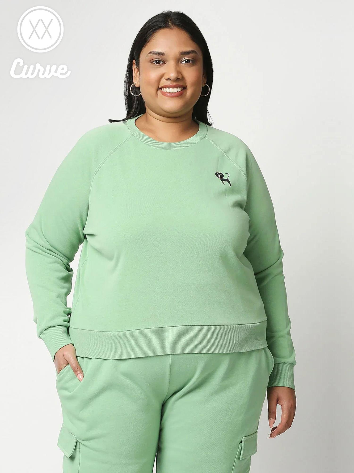 curve green cat print crew neck basics sweatshirt