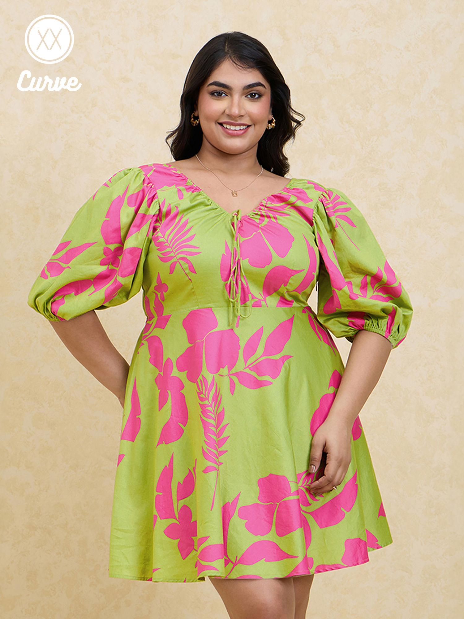 curve green floral sleeves fit and flare satin mini dress