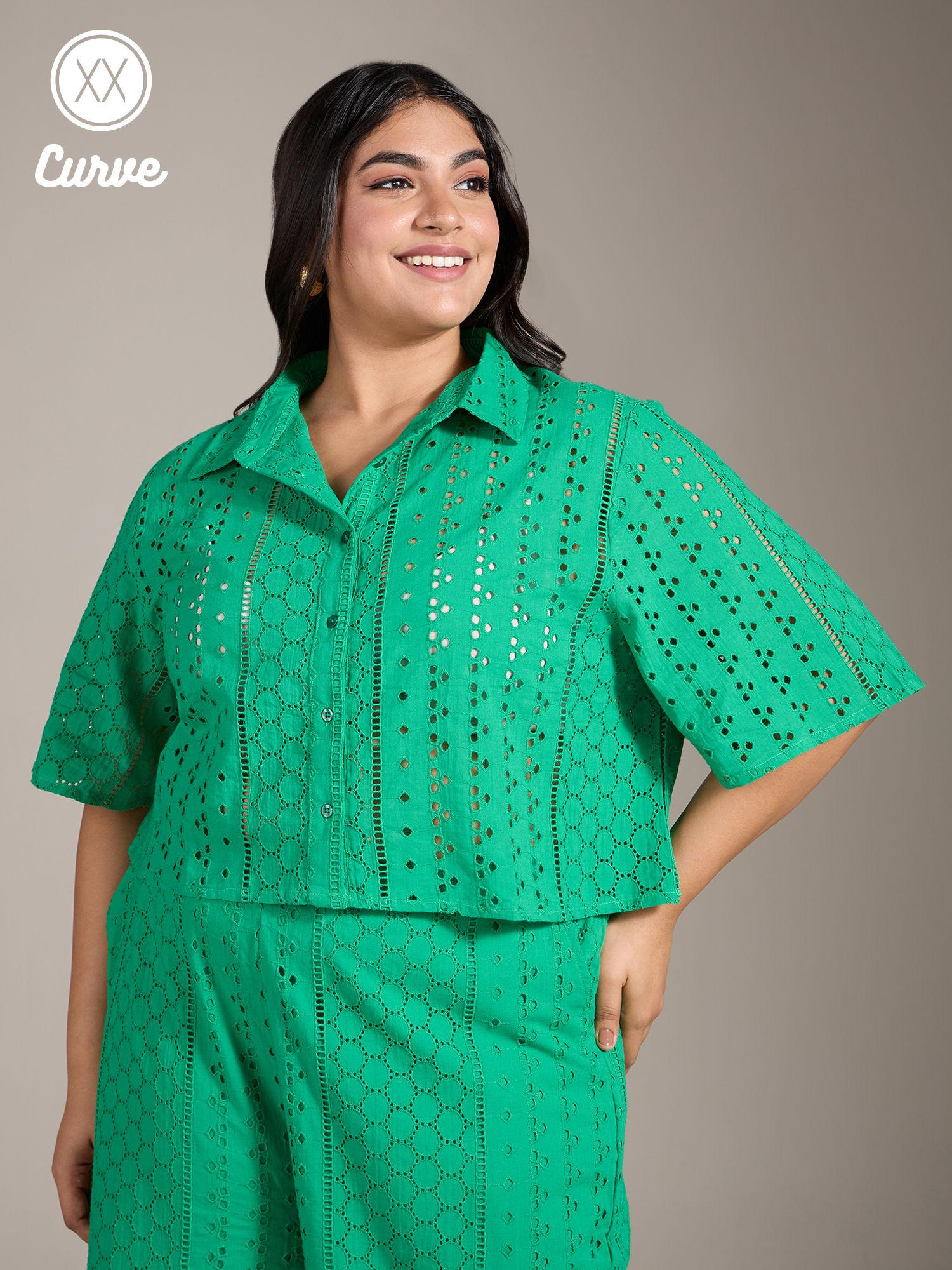 curve green schiffli embroidered bell sleeves short shirt