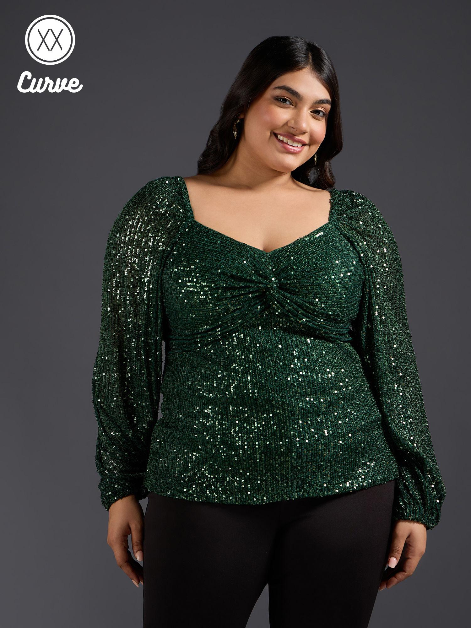 curve green sequin sweetheart neck puff sleeve top