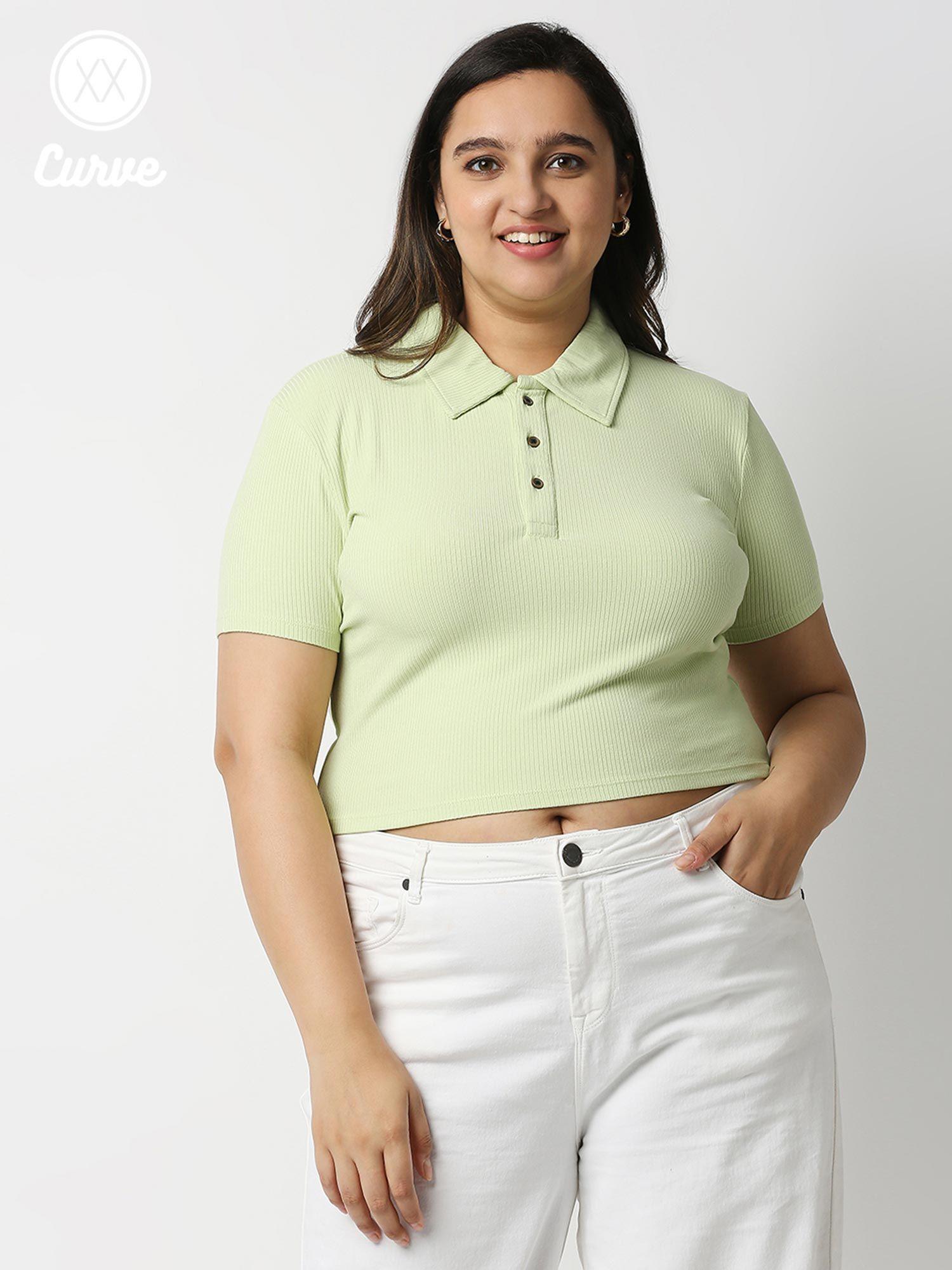 curve green solid collar neck cropped basics t shirt