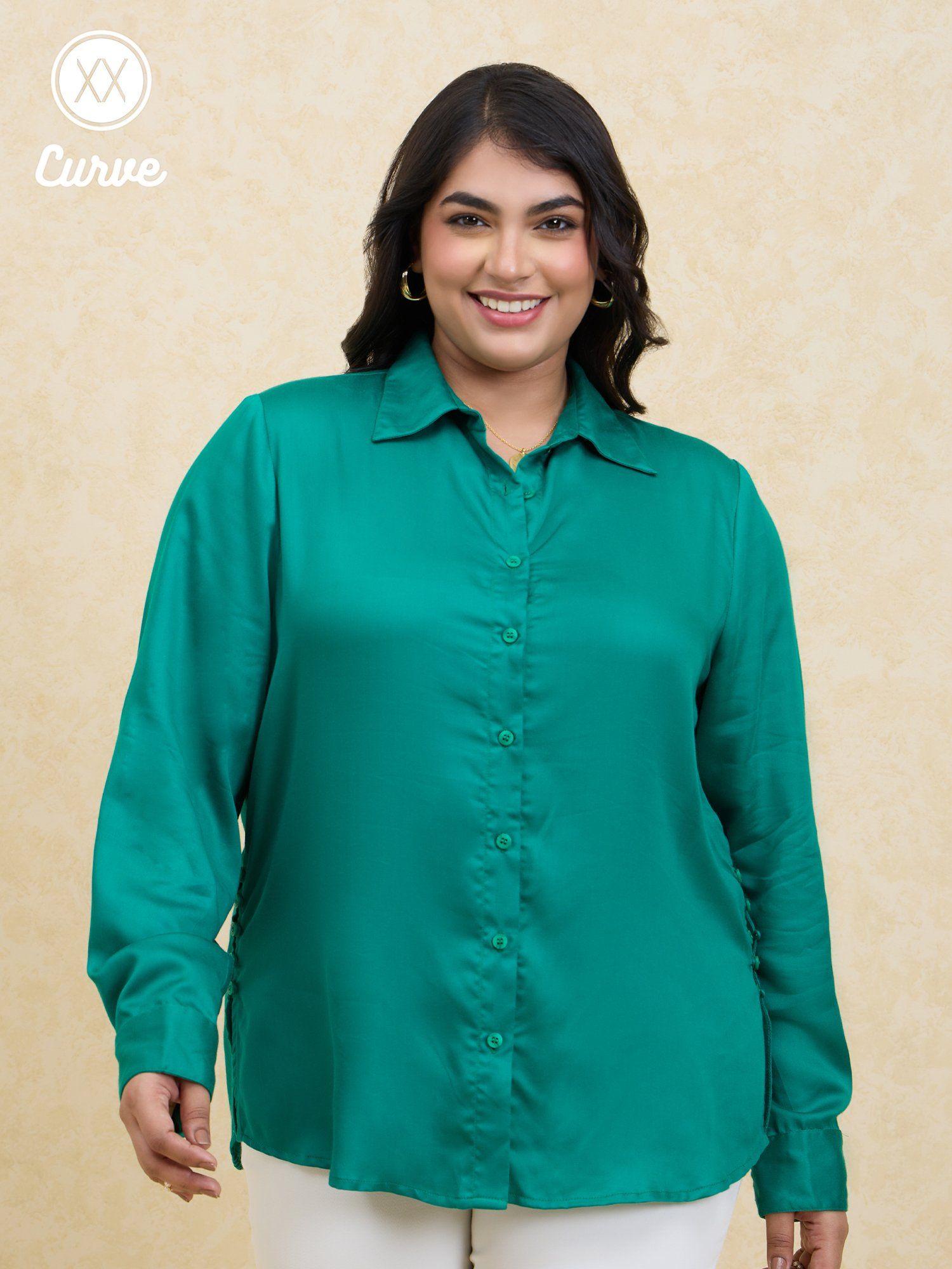 curve green solid full sleeves classic satin shirt