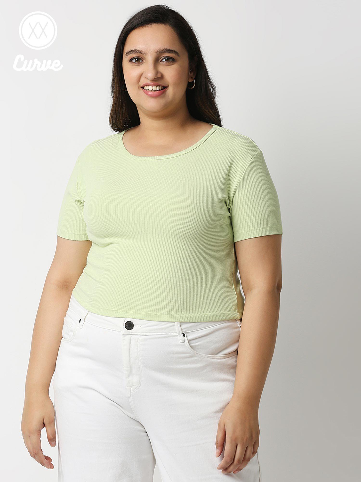 curve green solid round neck cropped basics t shirt