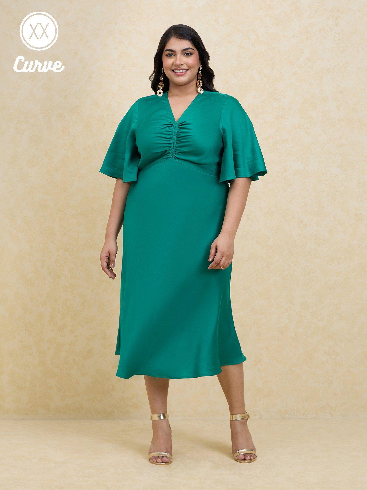 curve green solid v neck bell sleeves satin midi dress