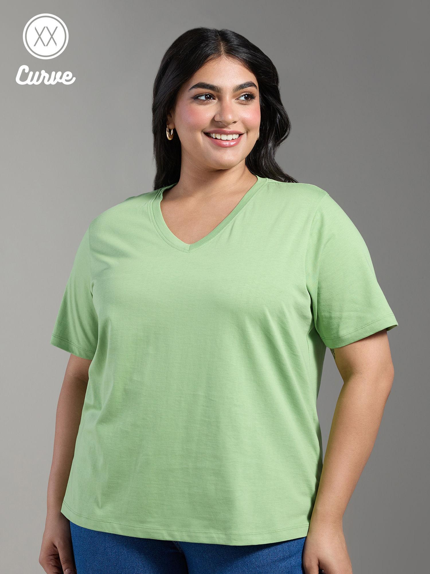 curve green solid v neck short sleeves basics t-shirt