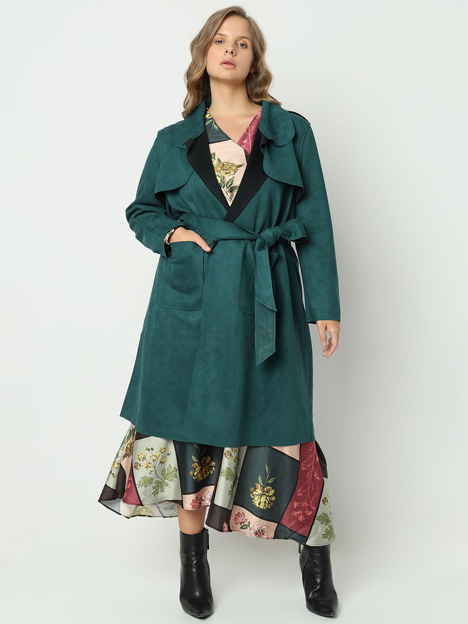 curve green suede long coat