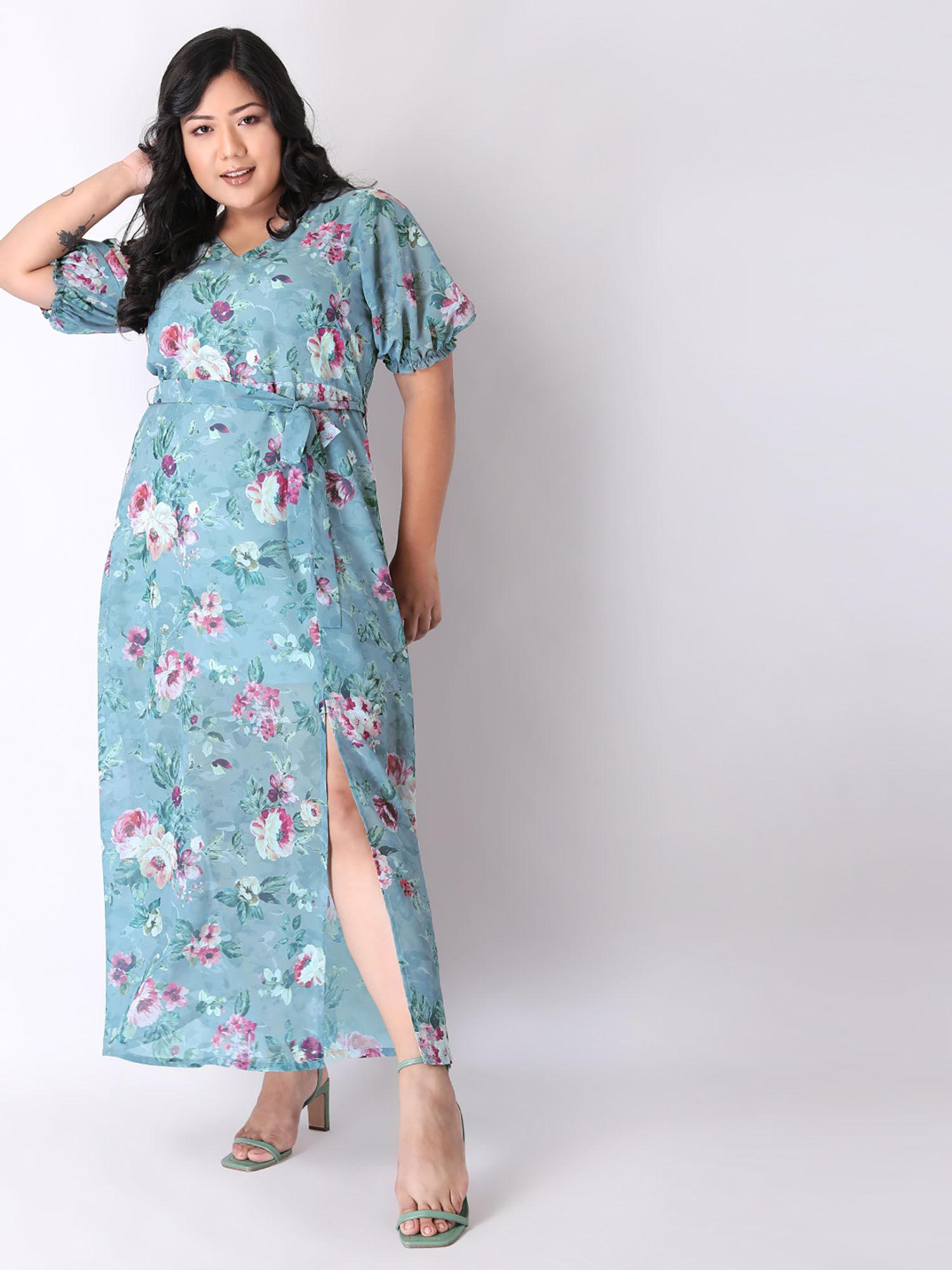 curve grey floral flared sleeve belted maxi dress