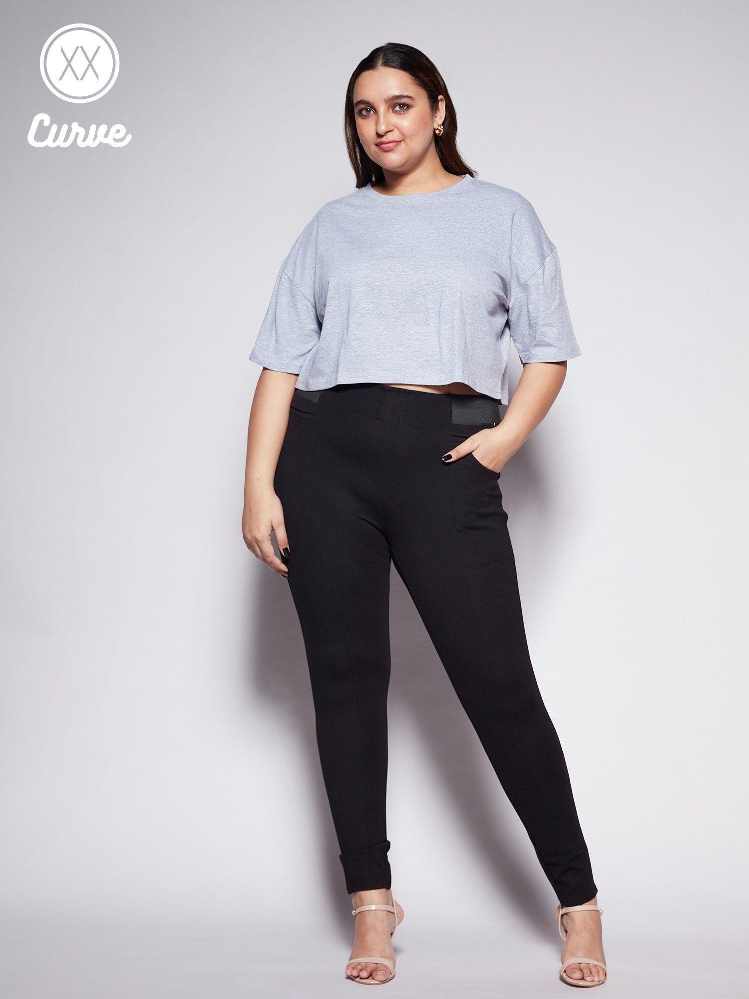 curve grey solid round neck loose basics crop t-shirt