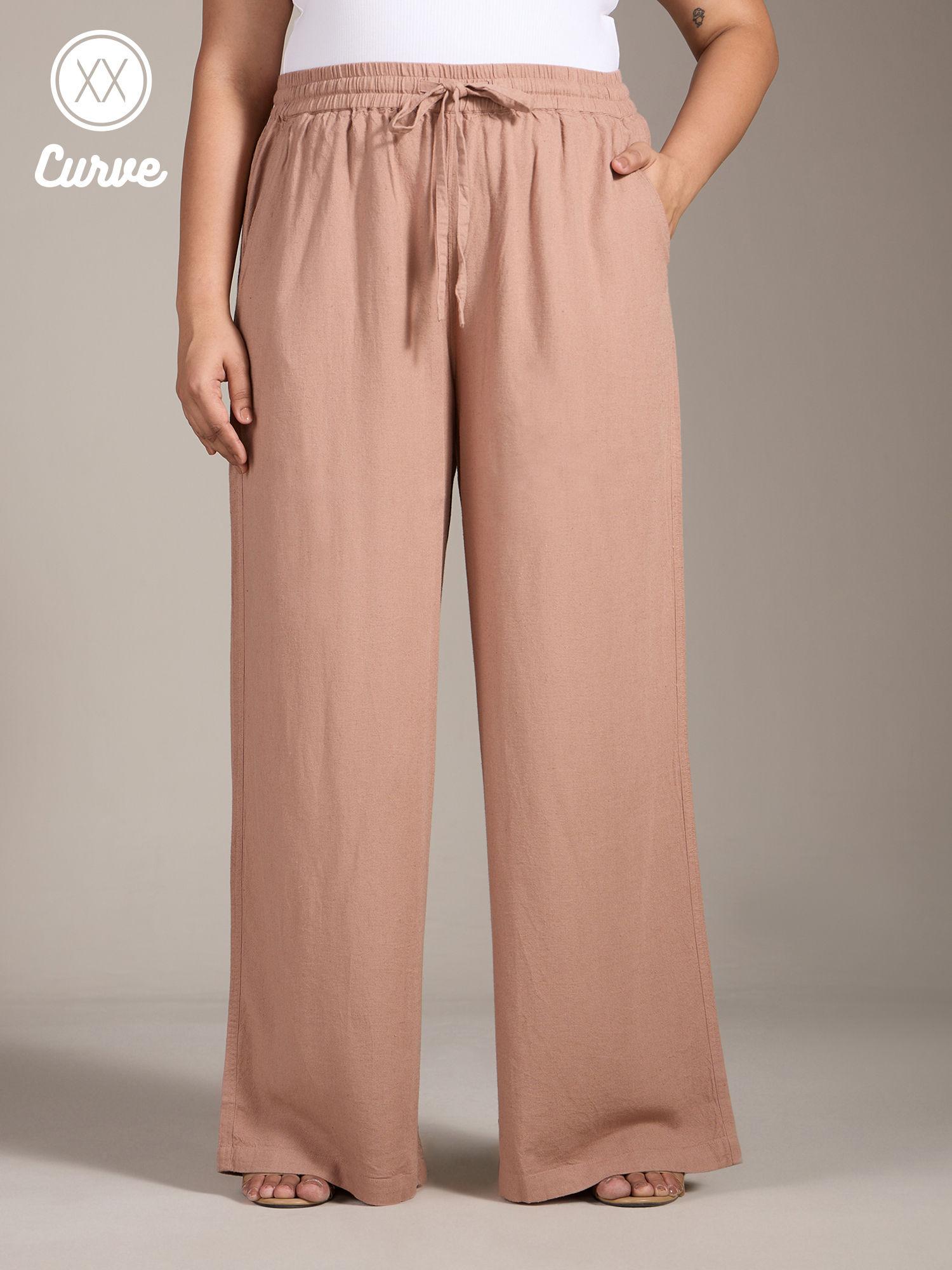 curve khaki brown solid mid waist straight linen pants