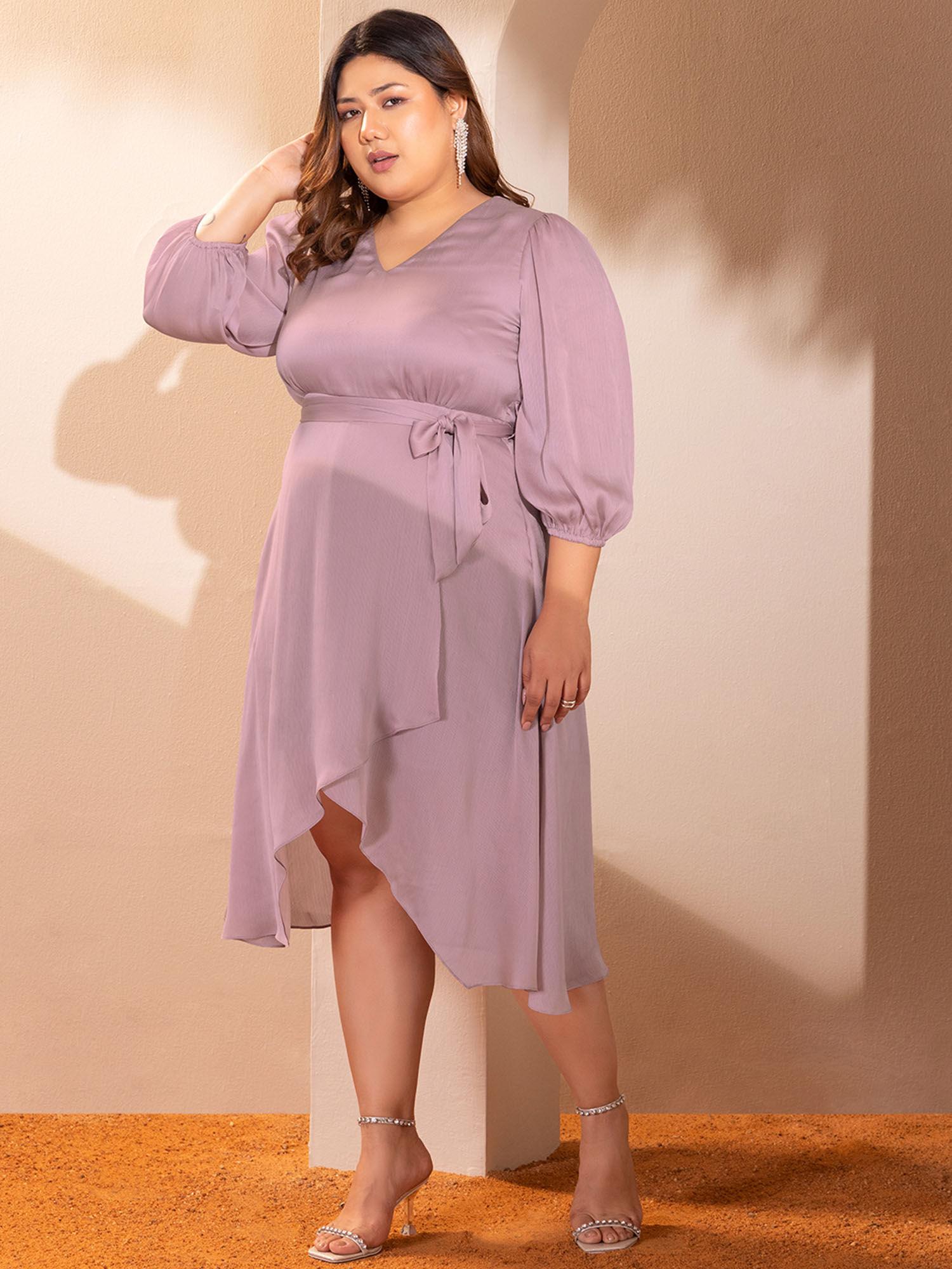 curve lavender asymmetric midi dress with belt (set of 2)