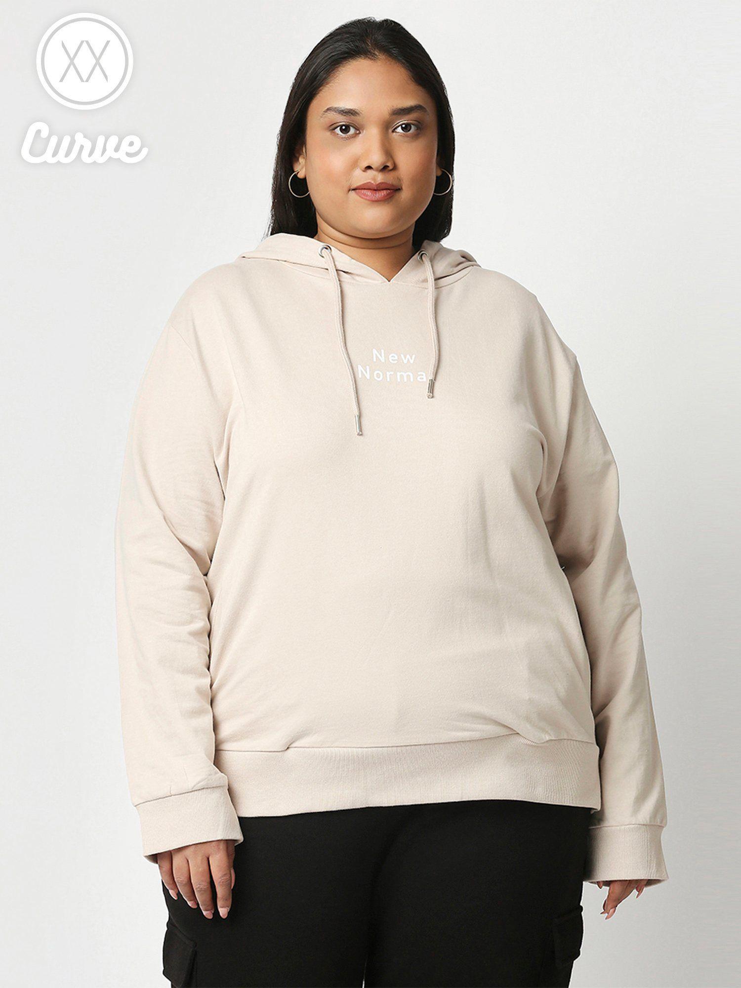 curve light beige solid full sleeves basics hoodie