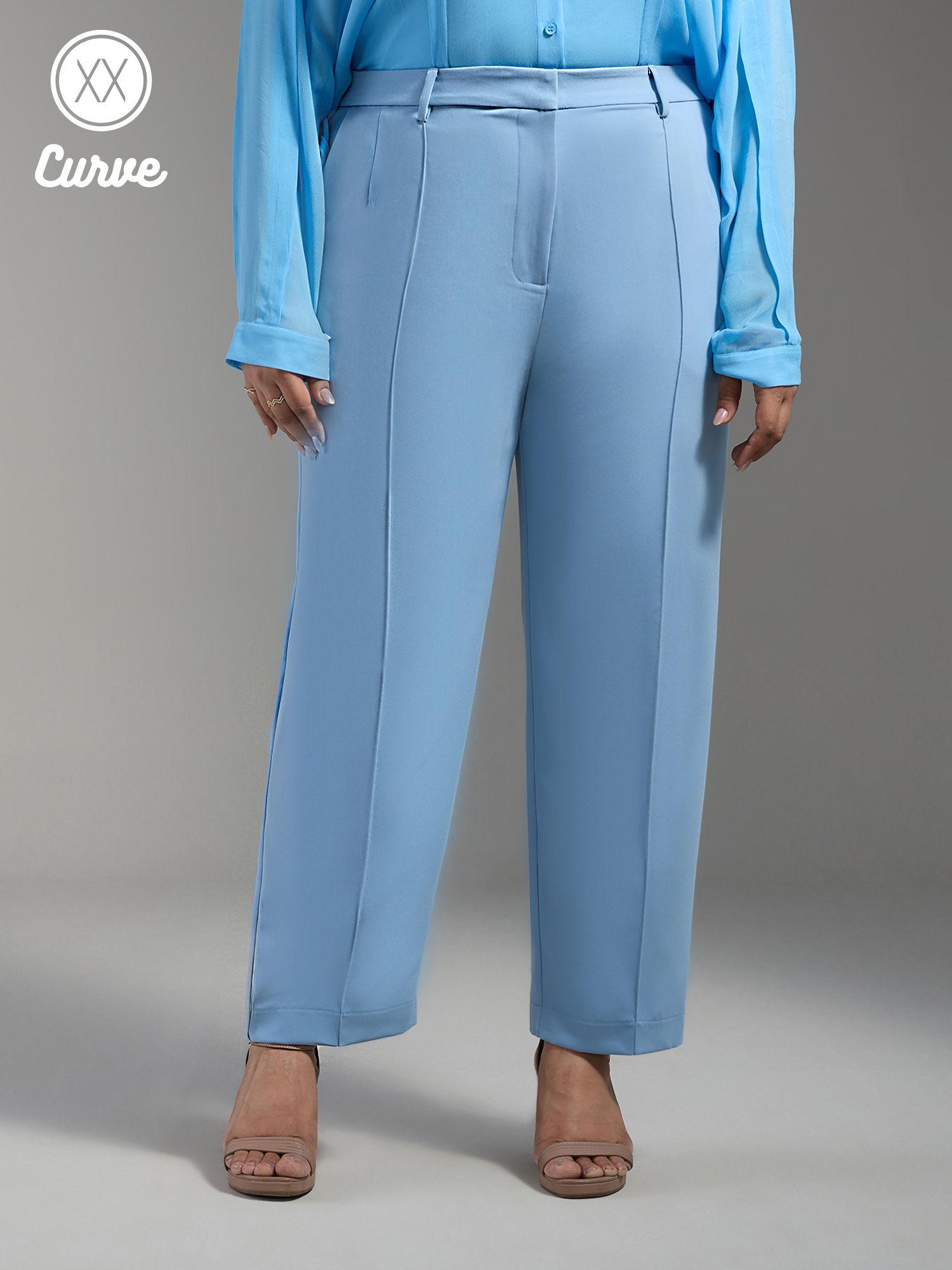 curve light blue solid pin tuck tapered work trousers