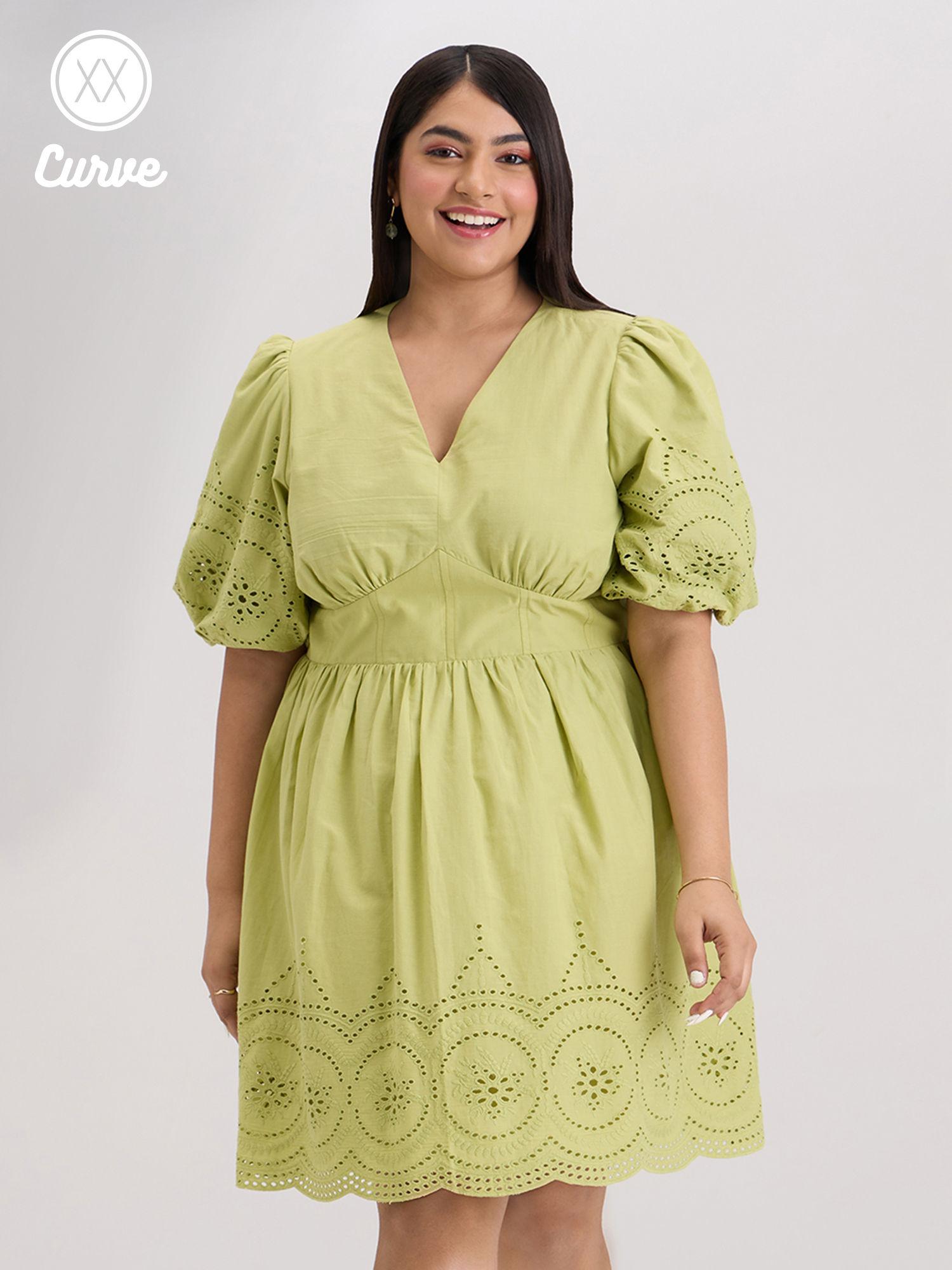 curve light green puff sleeves solid short dress