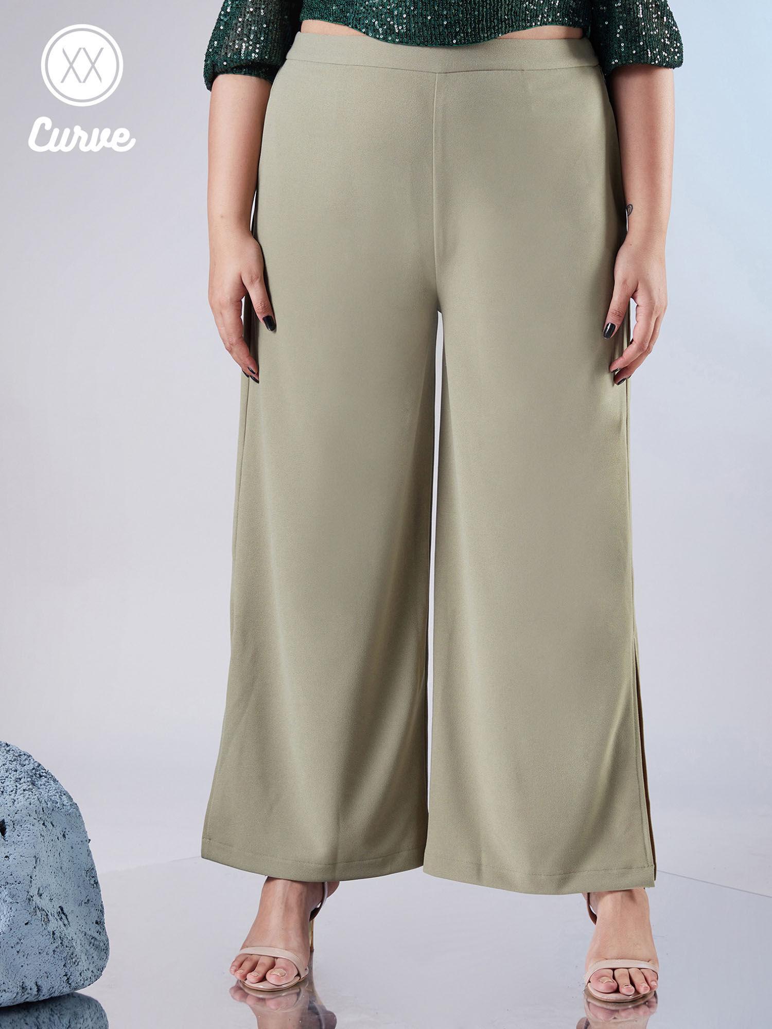 curve light green solid side slit flared pants