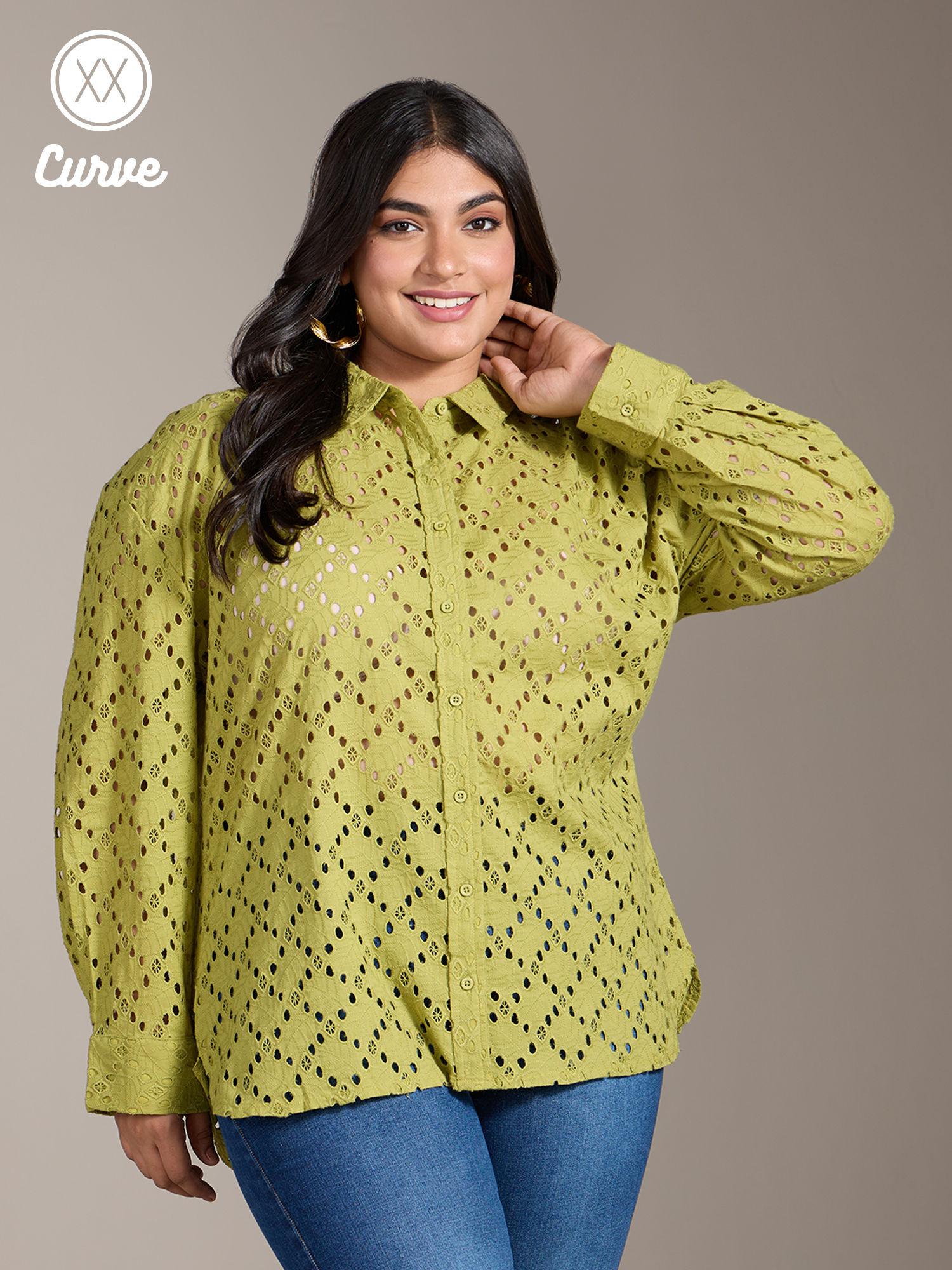 curve lime green pointed collar full sleeves schiffli shirt