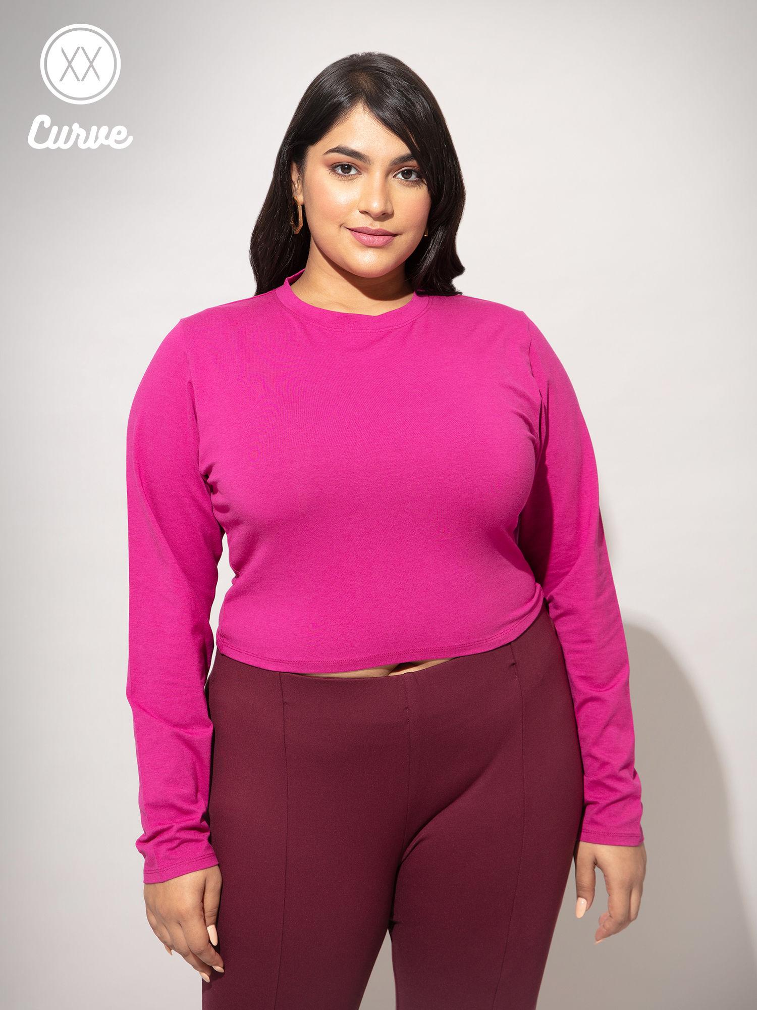 curve magenta round neck basics crop tshirt