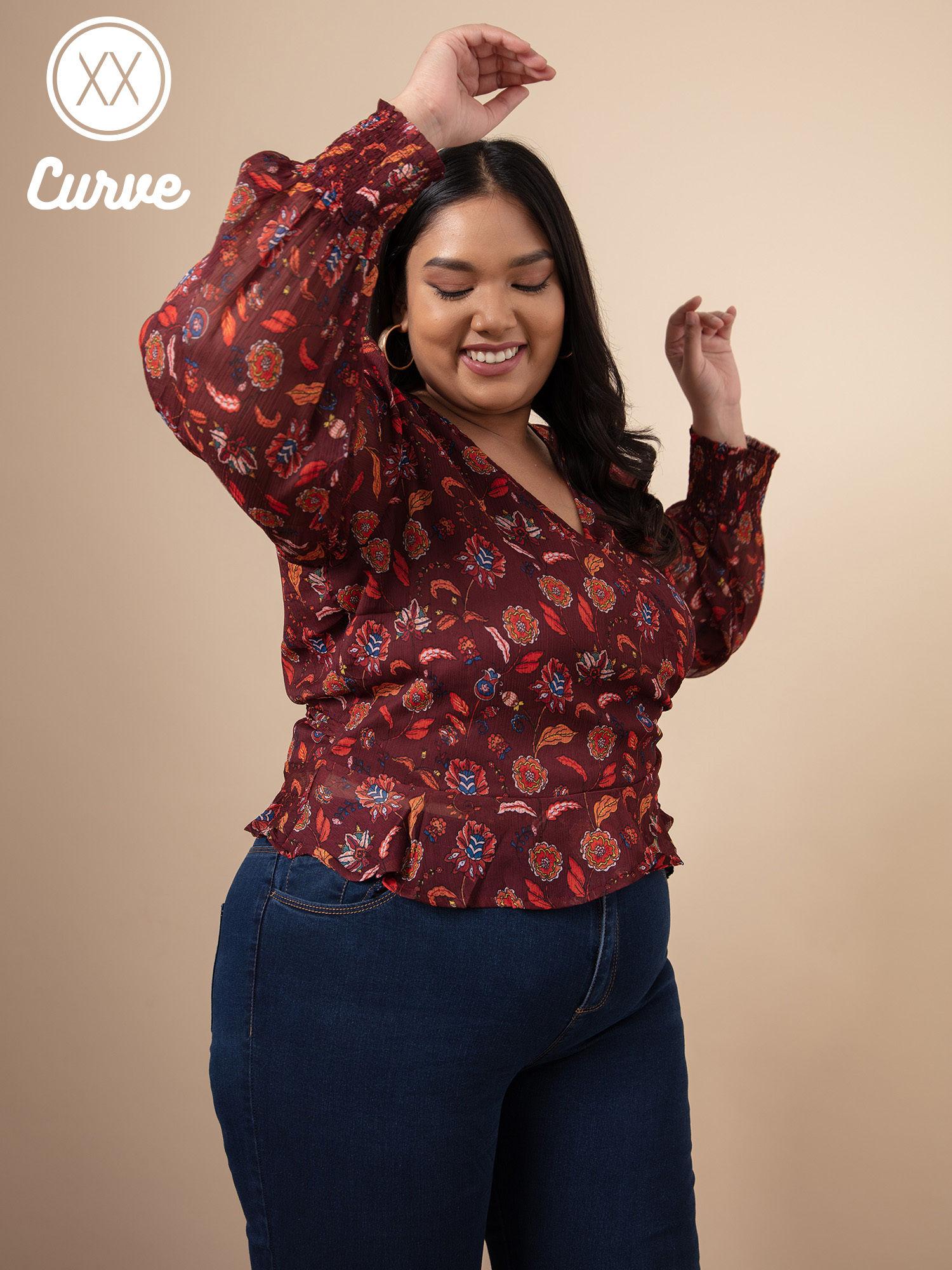 curve maroon floral print v neck top