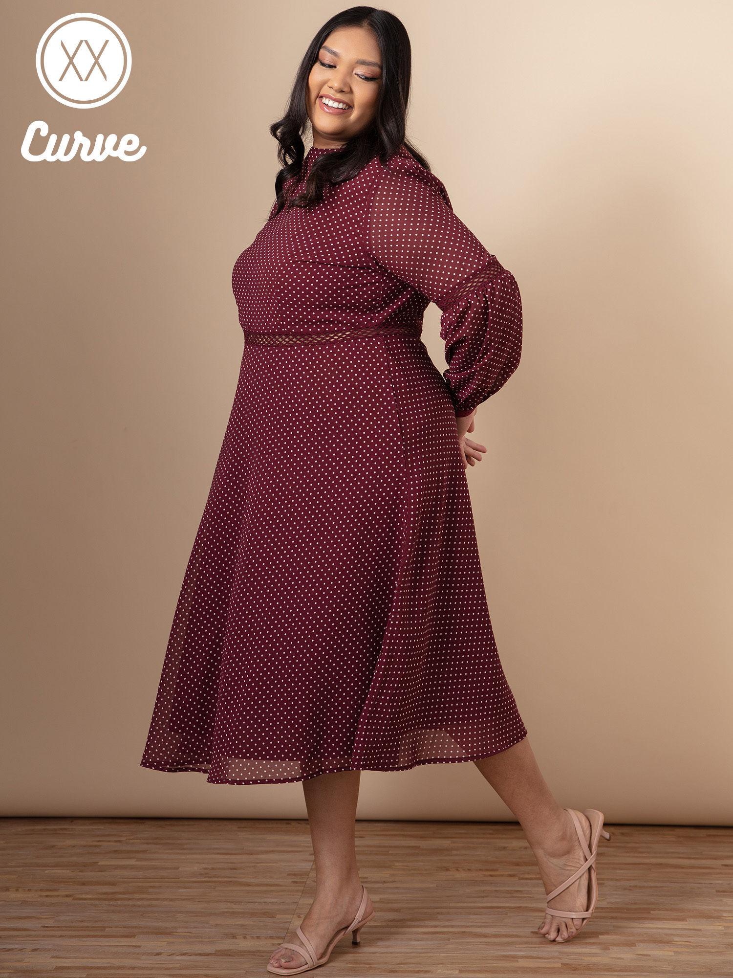 curve maroon polka dots high neck midi dress