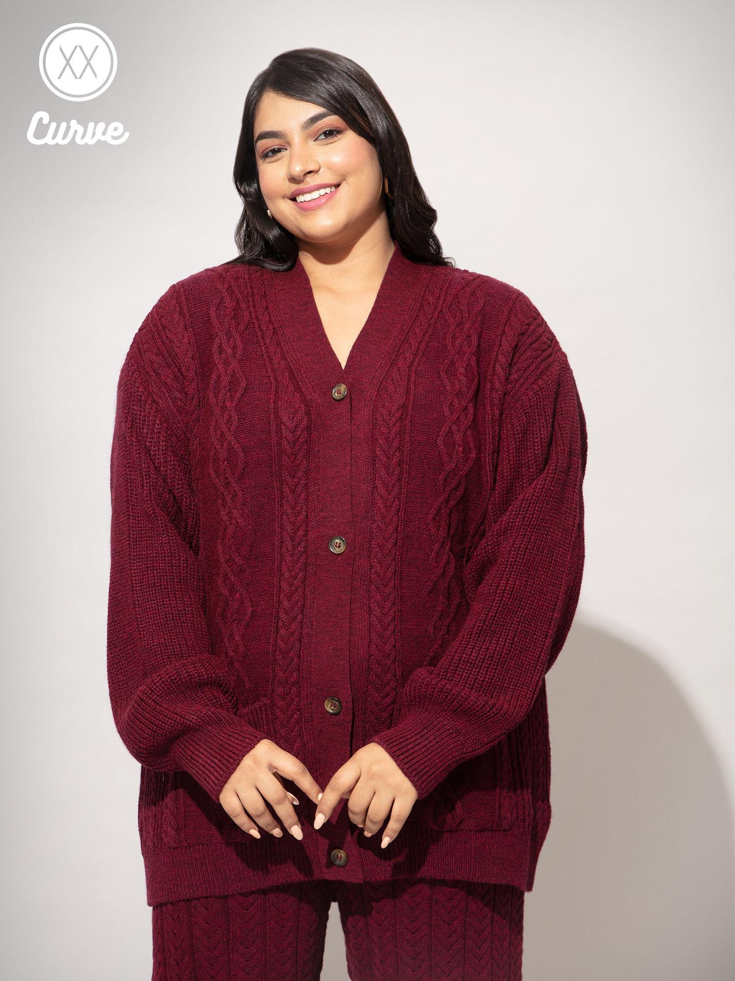 curve maroon textured long cardigan