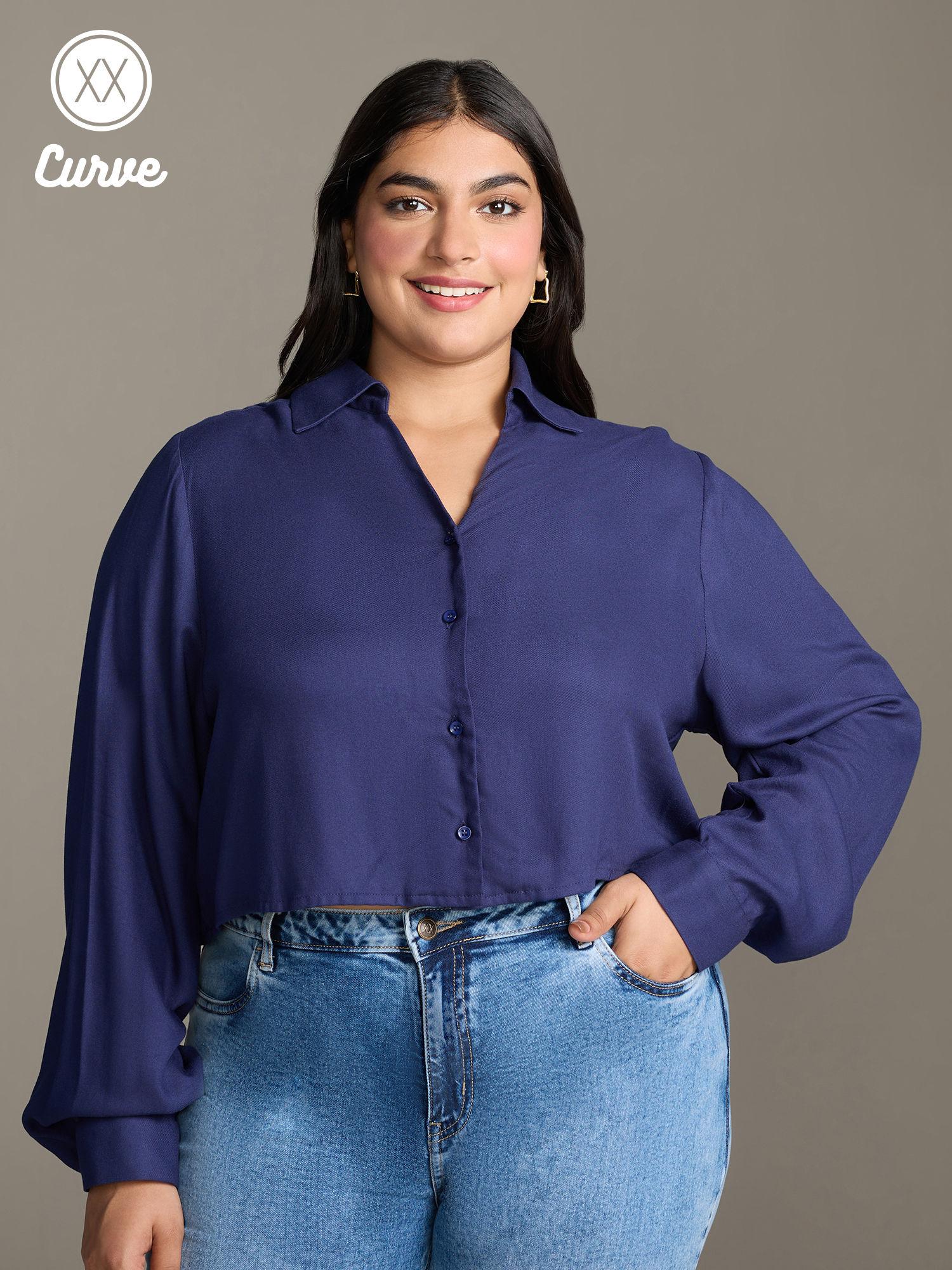 curve midnight blue solid pointed collar crop shirt