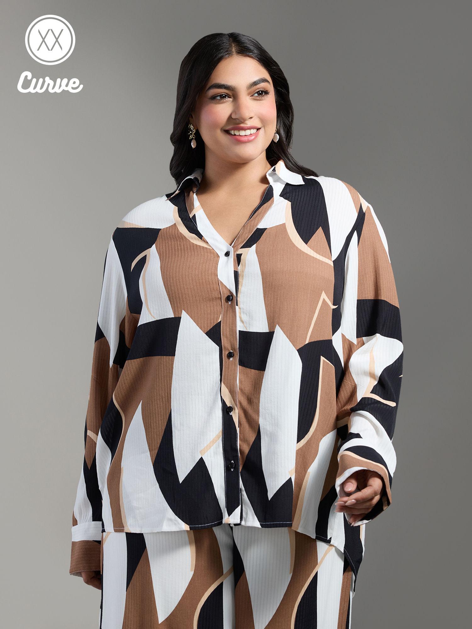 curve multi-color abstract print v neck collared shirt