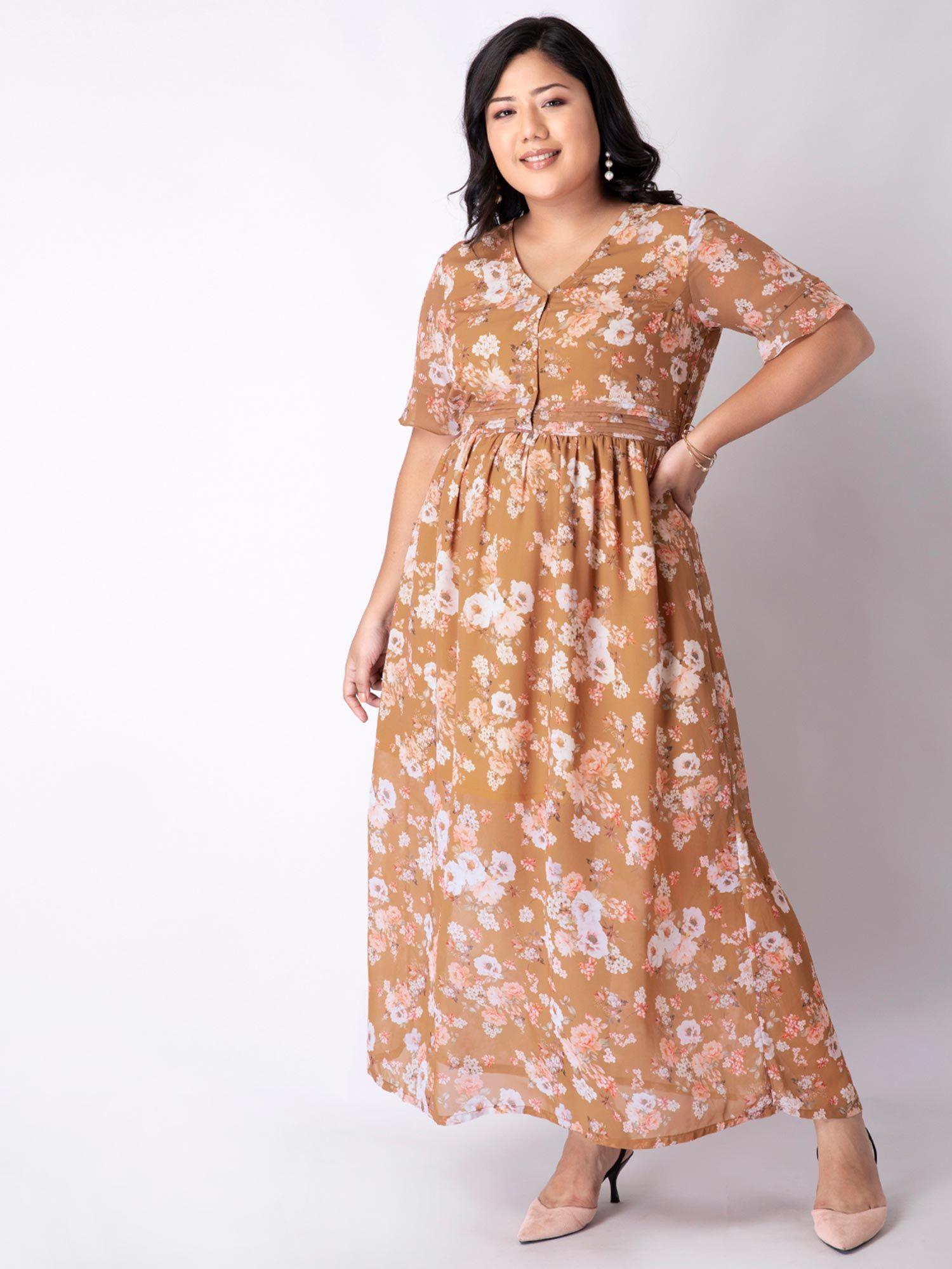 curve mustard floral flared sleeve maxi dress