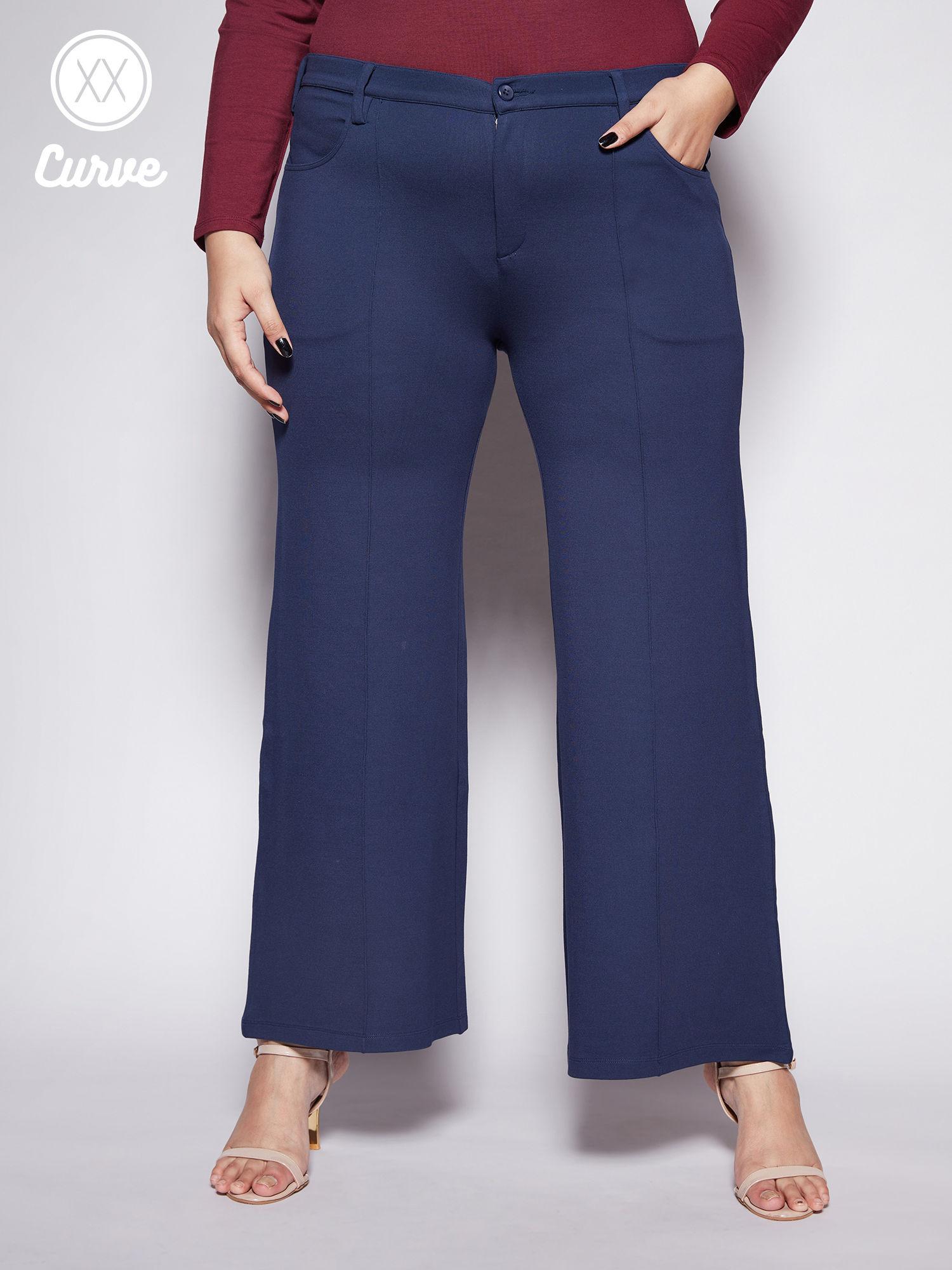 curve navy blue solid basics wide leg jeggings