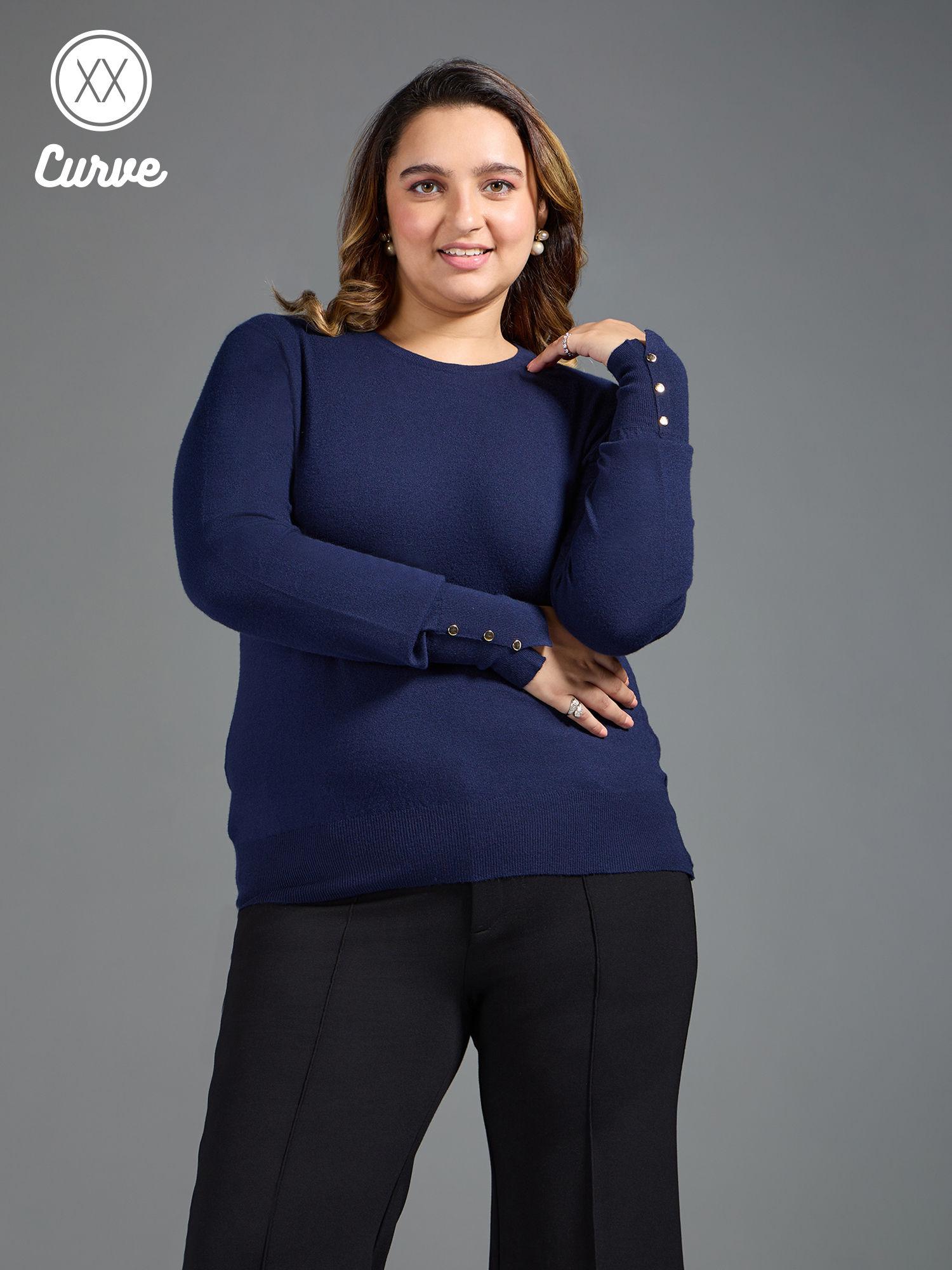 curve navy blue solid buttoned cuffs sweater top