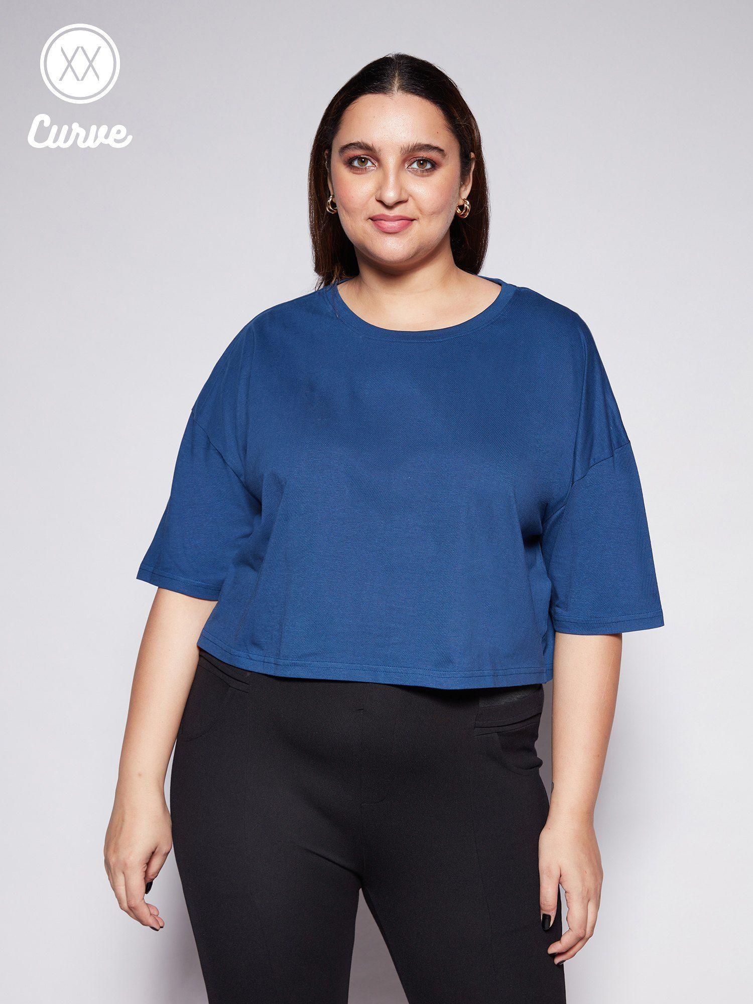 curve navy blue solid round neck loose basics crop t-shirt