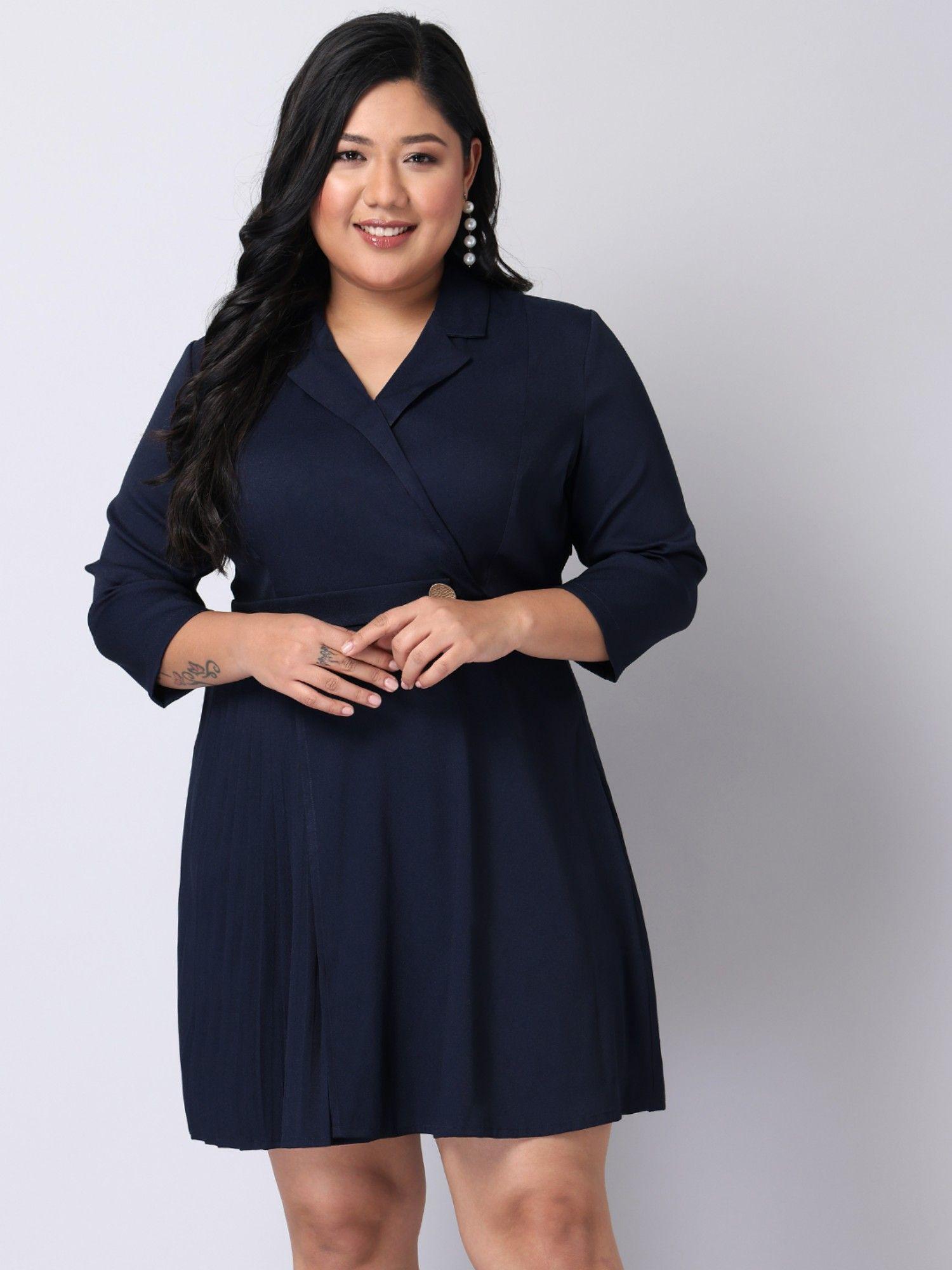 curve navy pleated collared neck wrap dress