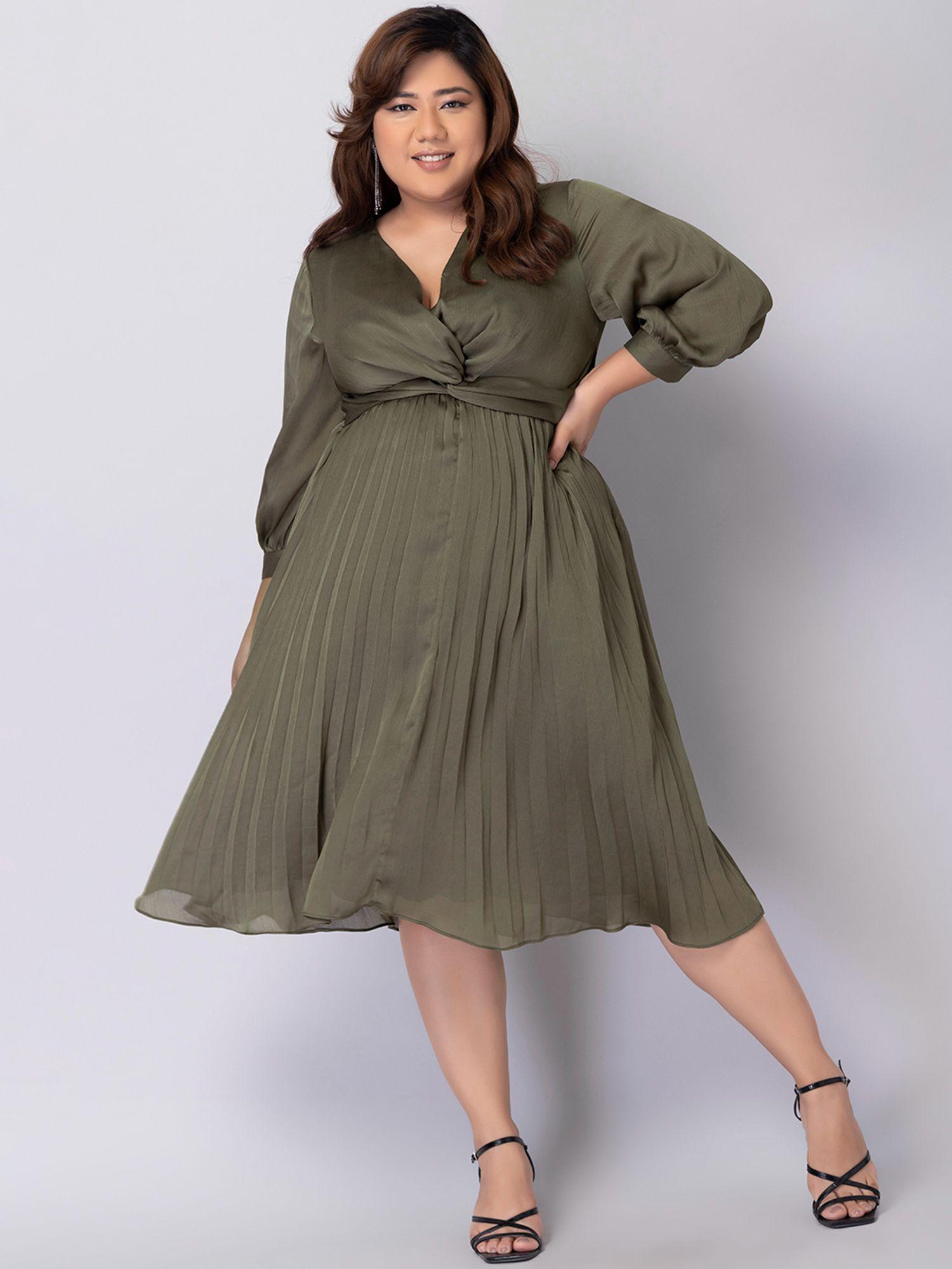 curve olive pleated front knot dress